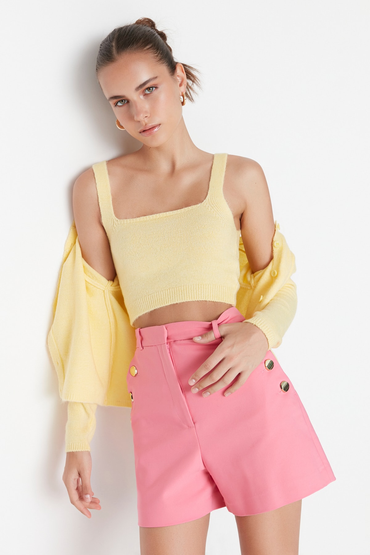 Trendyol Yellow Crop Button Detailed Blouse- Cardigan Knitwear Set