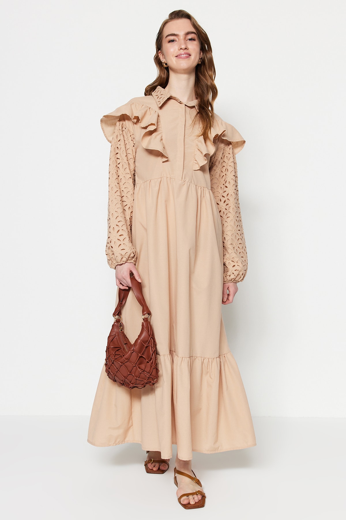 Trendyol Beige A Line Woven Dress With Embroidered Collar and Ruffle Detailed