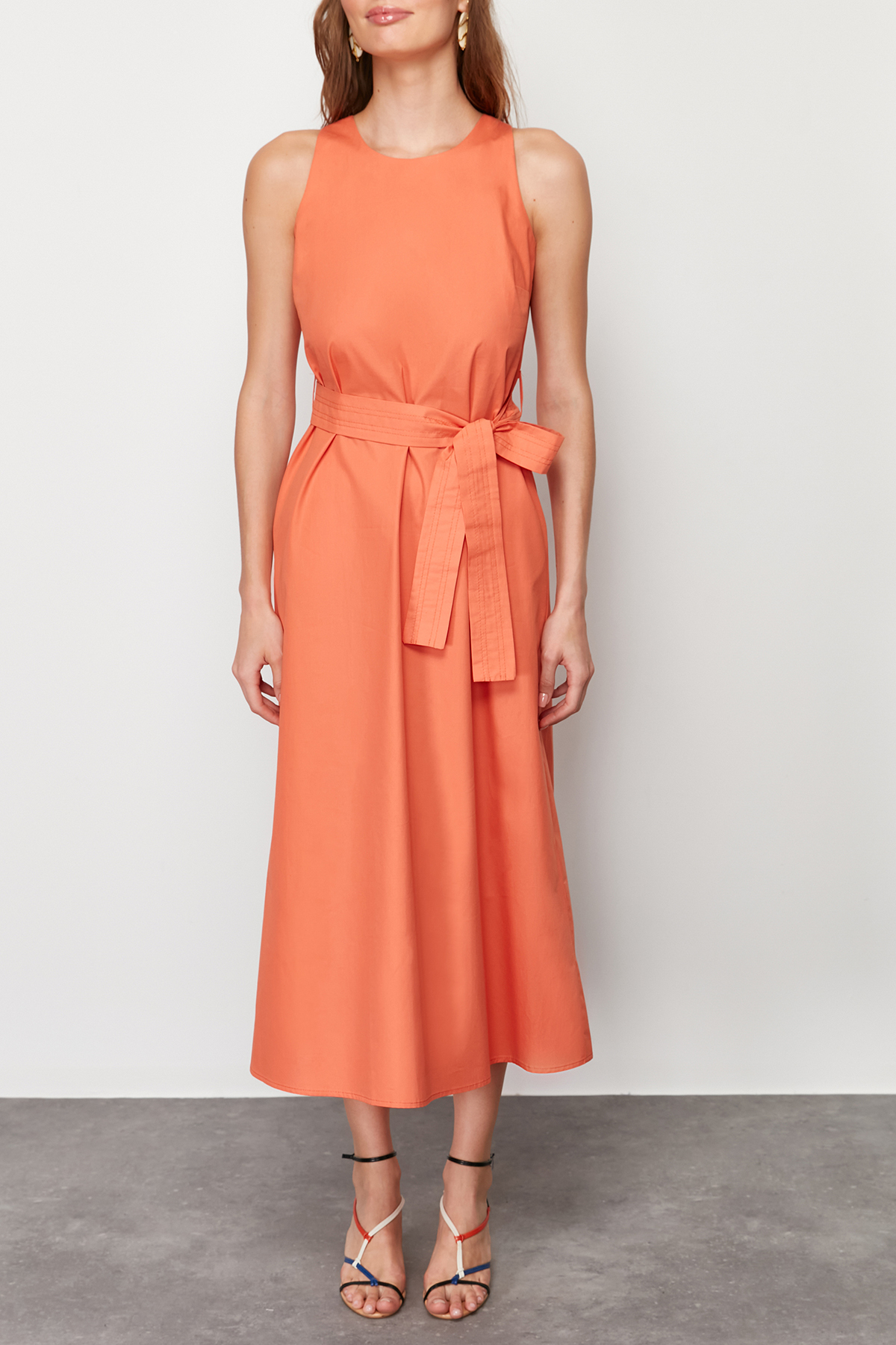 Trendyol Orange Belted 100% Cotton Poplin Pocket Midi Woven Dress