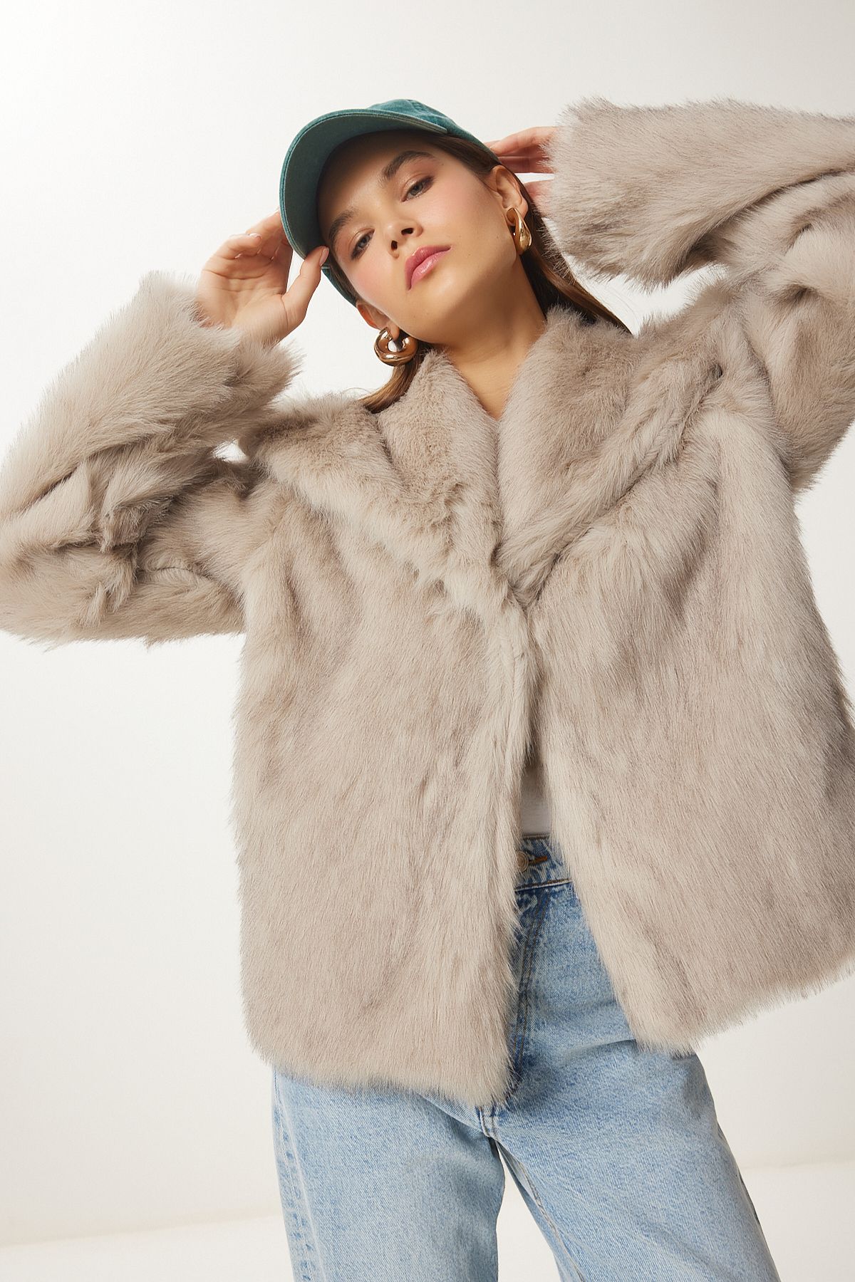 Happiness İstanbul Women&#039;s Mink Shawl Collar Lined Faux Für Jacket