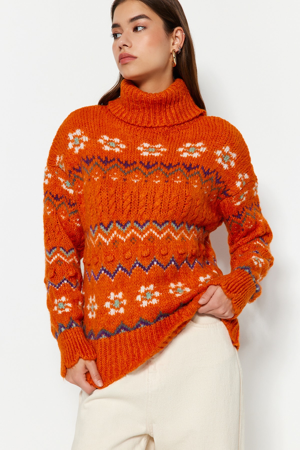 Trendyol Orange Soft Textured Turtleneck Knitwear Sweater