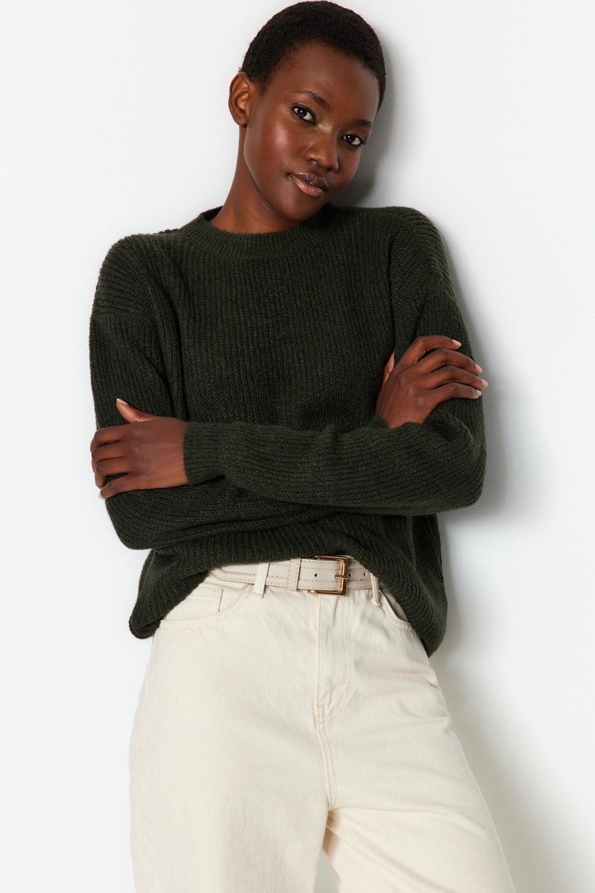 Trendyol Khaki Soft Textured Crewneck Knitwear Sweater