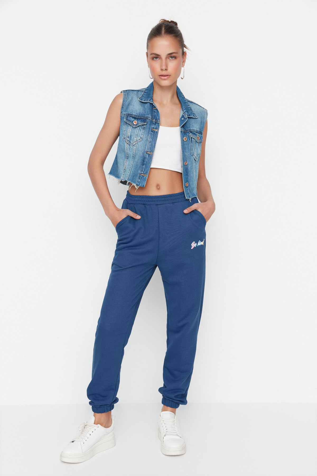 Trendyol Indigo Loose Jogger Printed Thick Knitted Sweatpants