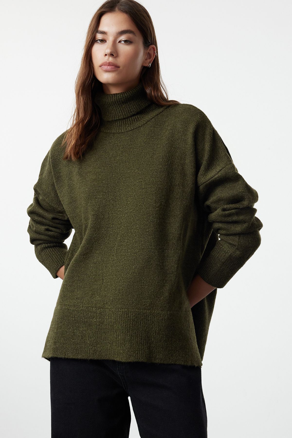 Trendyol Khaki Soft Textured Turtleneck Knitwear Sweater