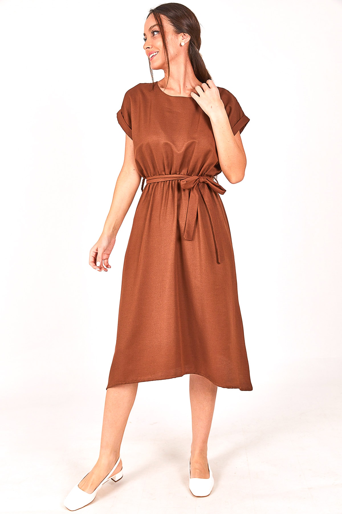 Levně armonika Women's Brown Elastic Waist Tie-down DRESS