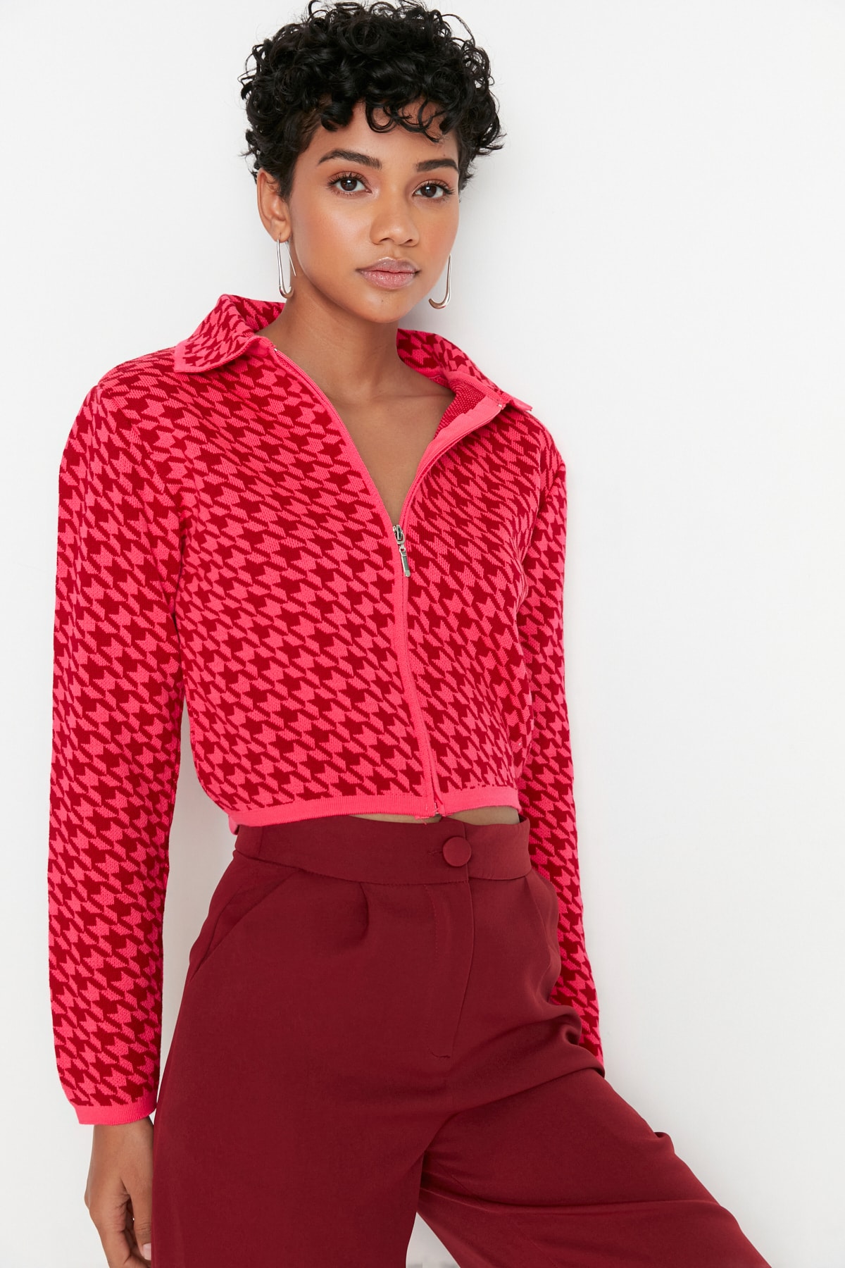 Trendyol Fuchsia Collar Detailed Crop Knitwear Cardigan