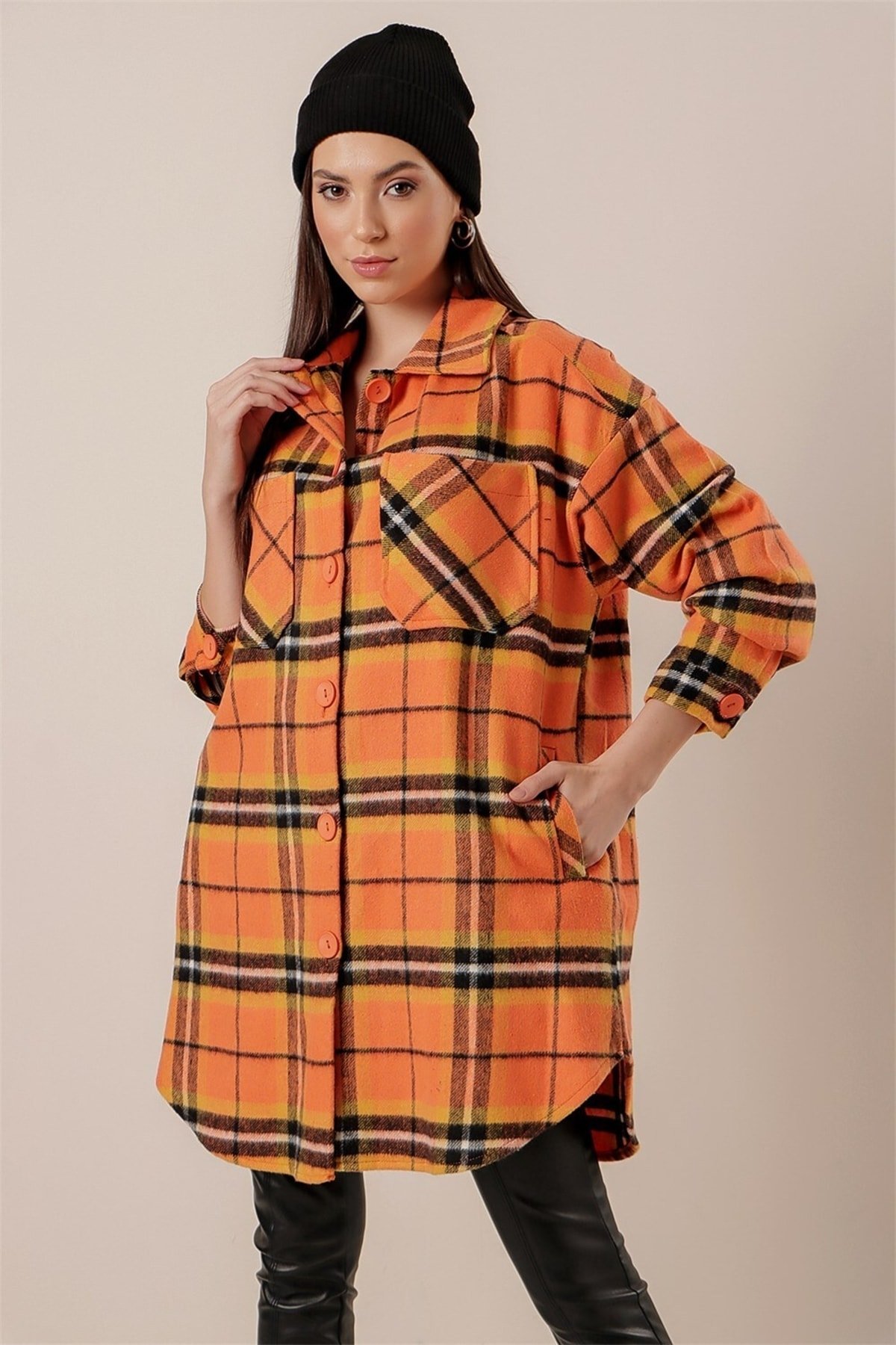Levně By Saygı Plaid Wool Cachet Long Shirt Orange with Pocket