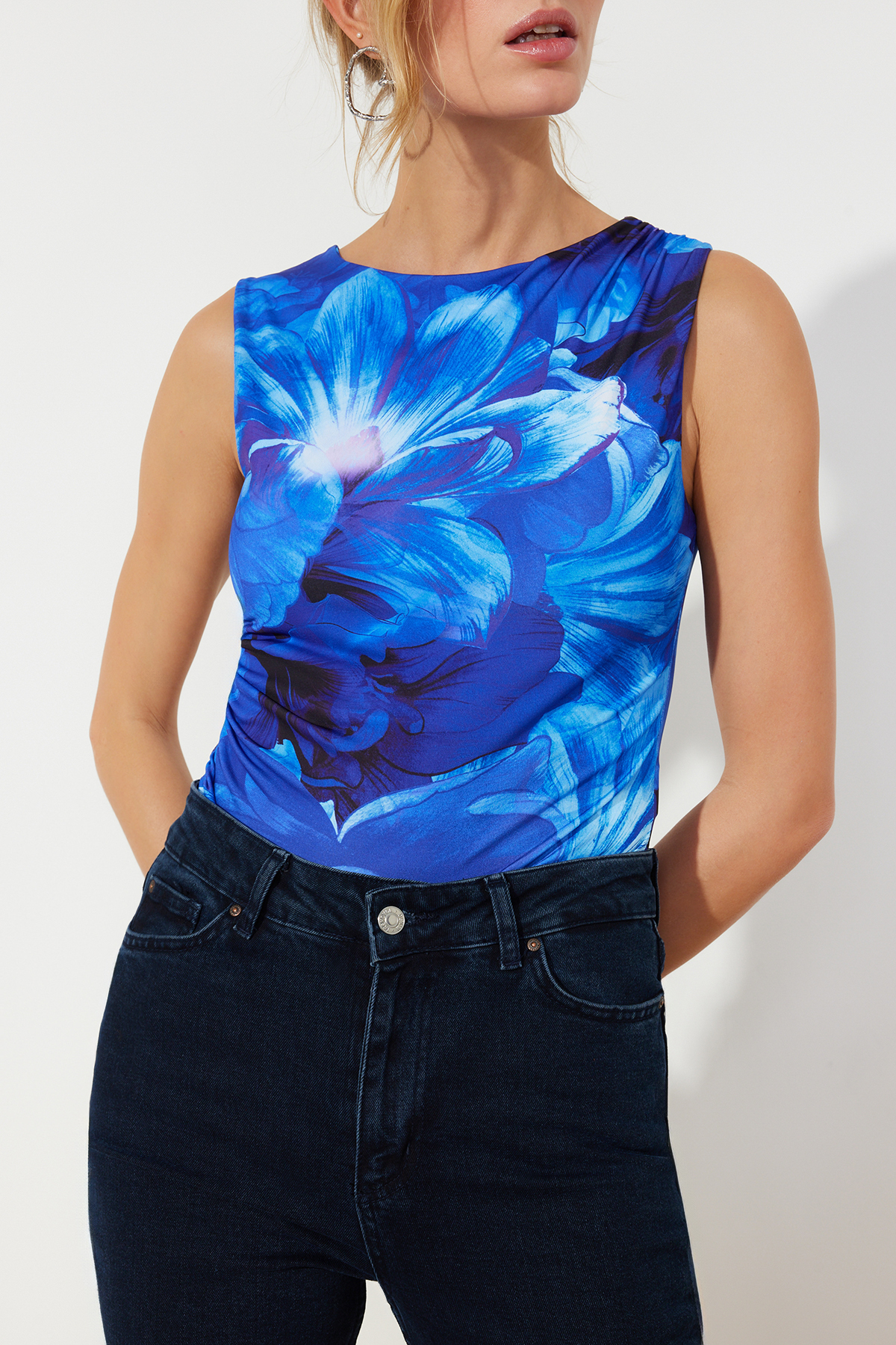 Trendyol Blue Floral Pattern Gathered Detailed Boat Neck Flexible Snaps Knitted Body