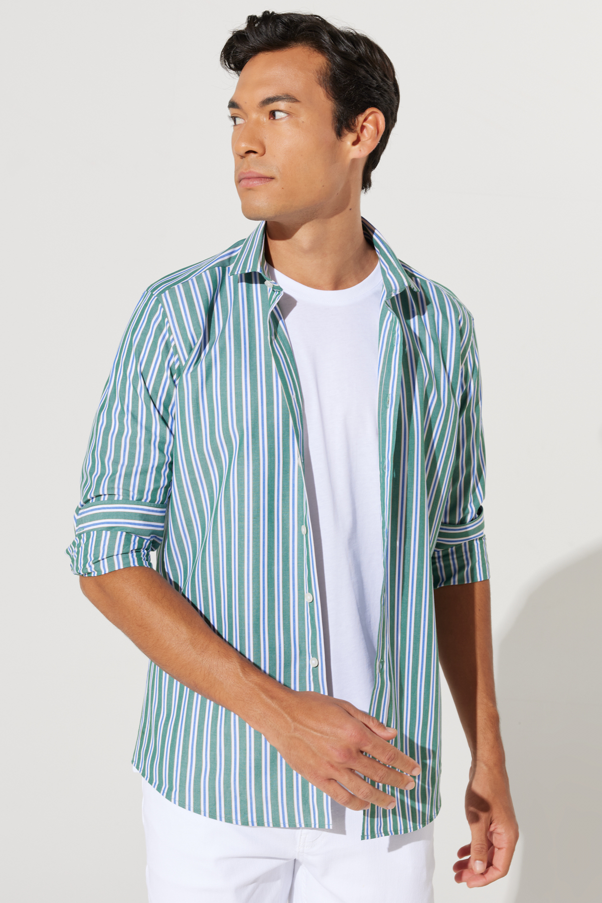 AC&Co / Altınyıldız Classics Men's Green-Navy Blue Slim Fit Slim Fit Small Italian Collar 100% Cotton Striped Shirt