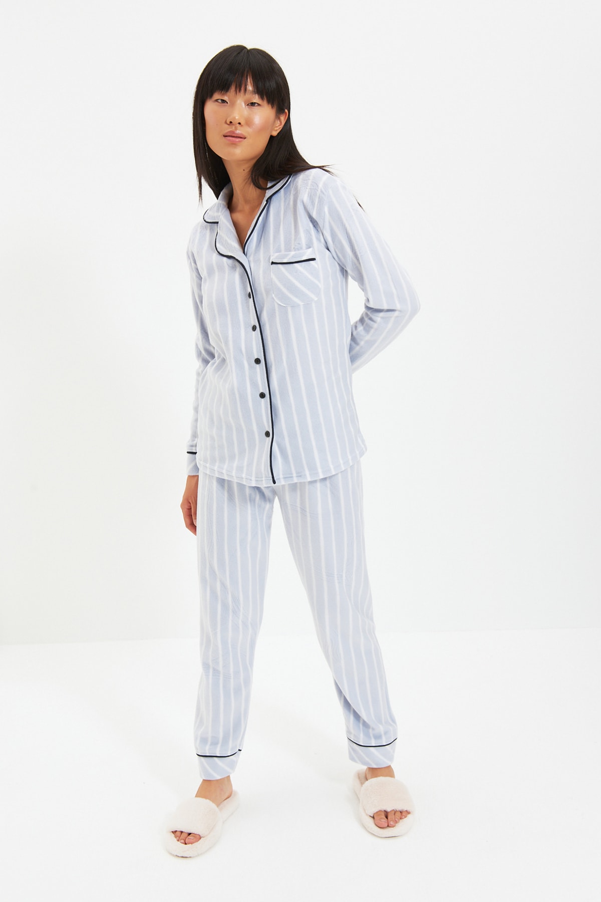 Trendyol Blue Striped Conducte Detaliate Tricotate Pijamale Set