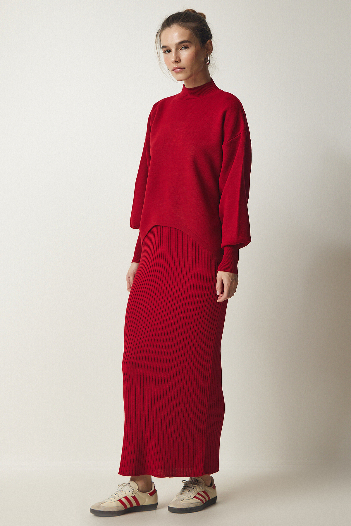 Levně Happiness İstanbul Women's Red Ribbed Knitwear With Sweater Dress