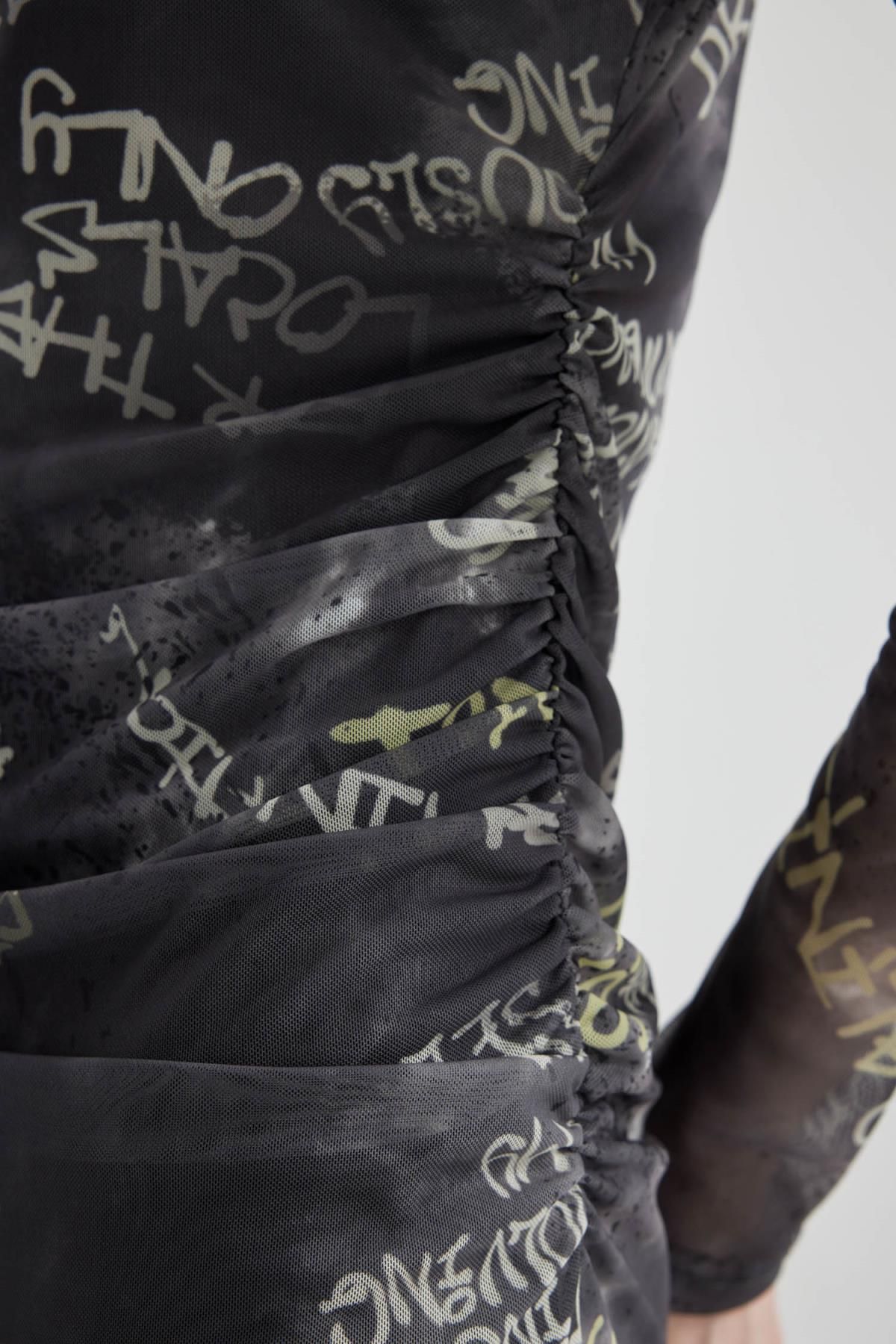 DEFACTO Cool Bodycon Patterned Tulle Long Sleeve Maxi Dress