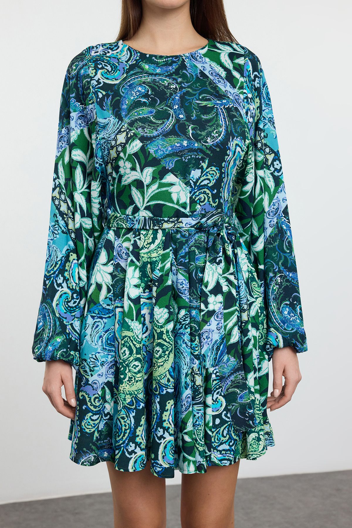 Trendyol Green Belted Floral Mini Woven Dress
