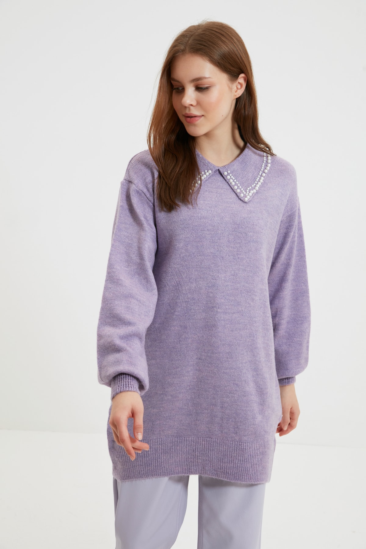 Levně Trendyol Lilac Baby Neck Pearl Soft Knitwear Sweater