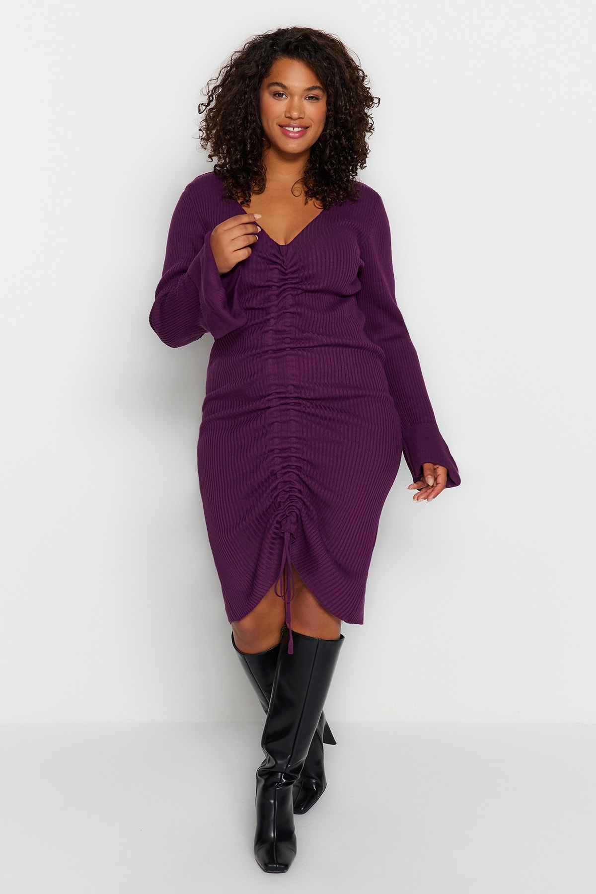 Trendyol Plum Ribbed Shirring Detail, Rochie din tricotaje fine