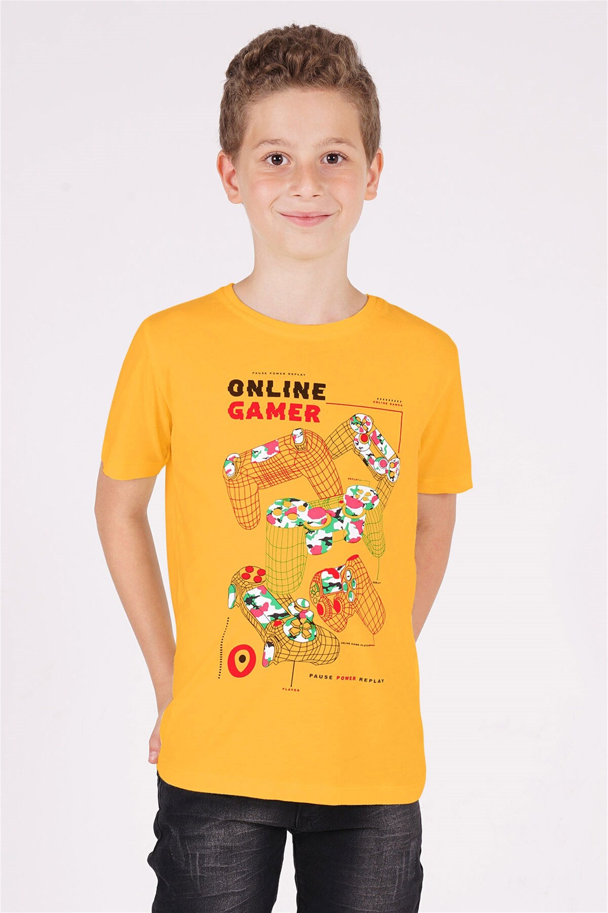 Levně zepkids Boys' Mustard-colored Crewneck Play Arms Printed T-Shirt