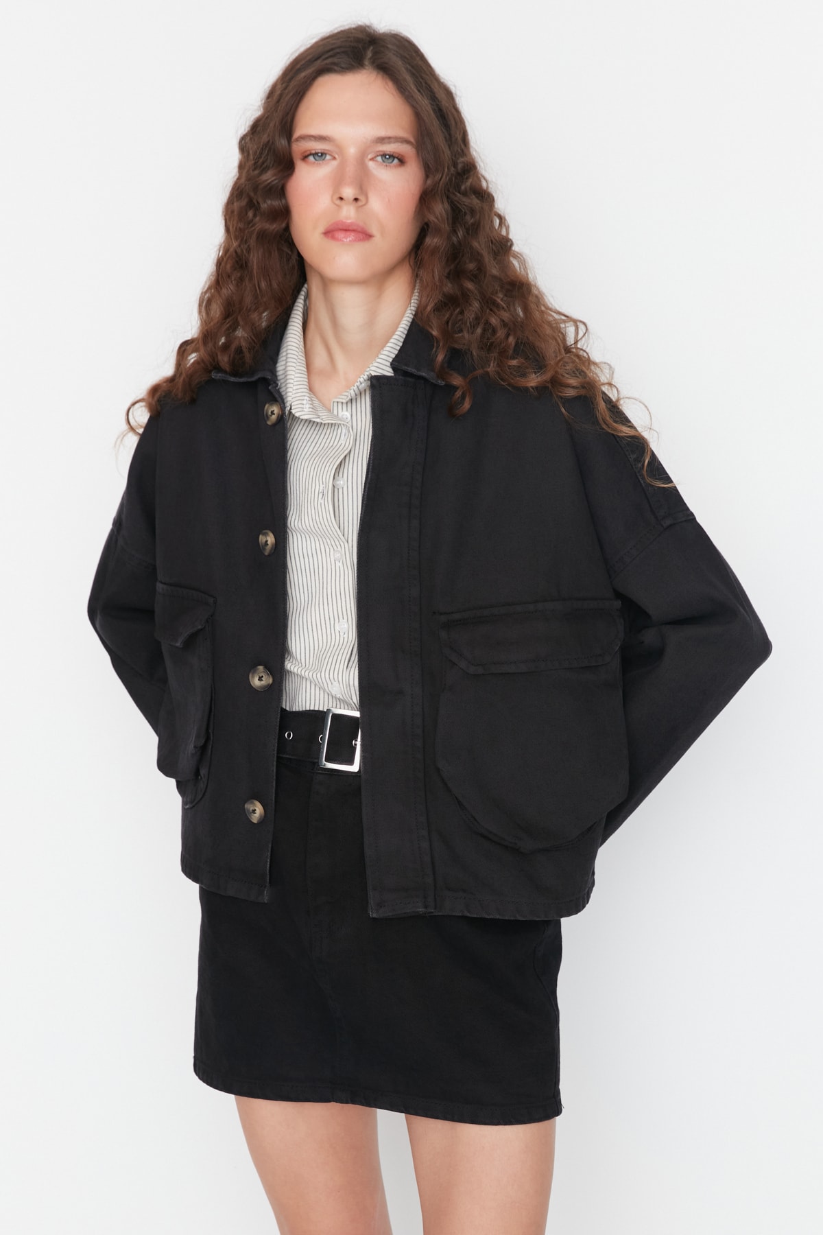 Trendyol Black Pocket Detailed Oversize Denim Jacket