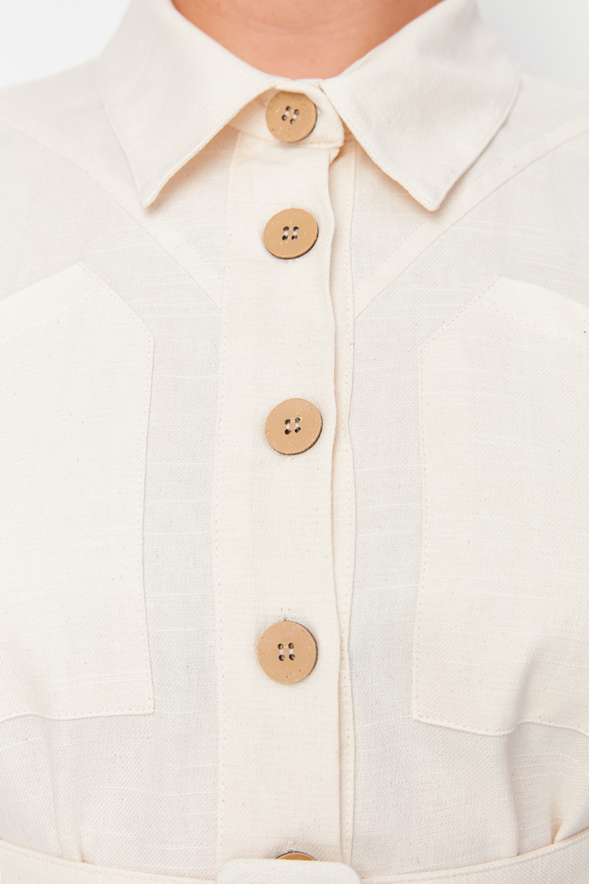Trendyol Curve Beige Linen Look Belted Buttoned Shirt Dress