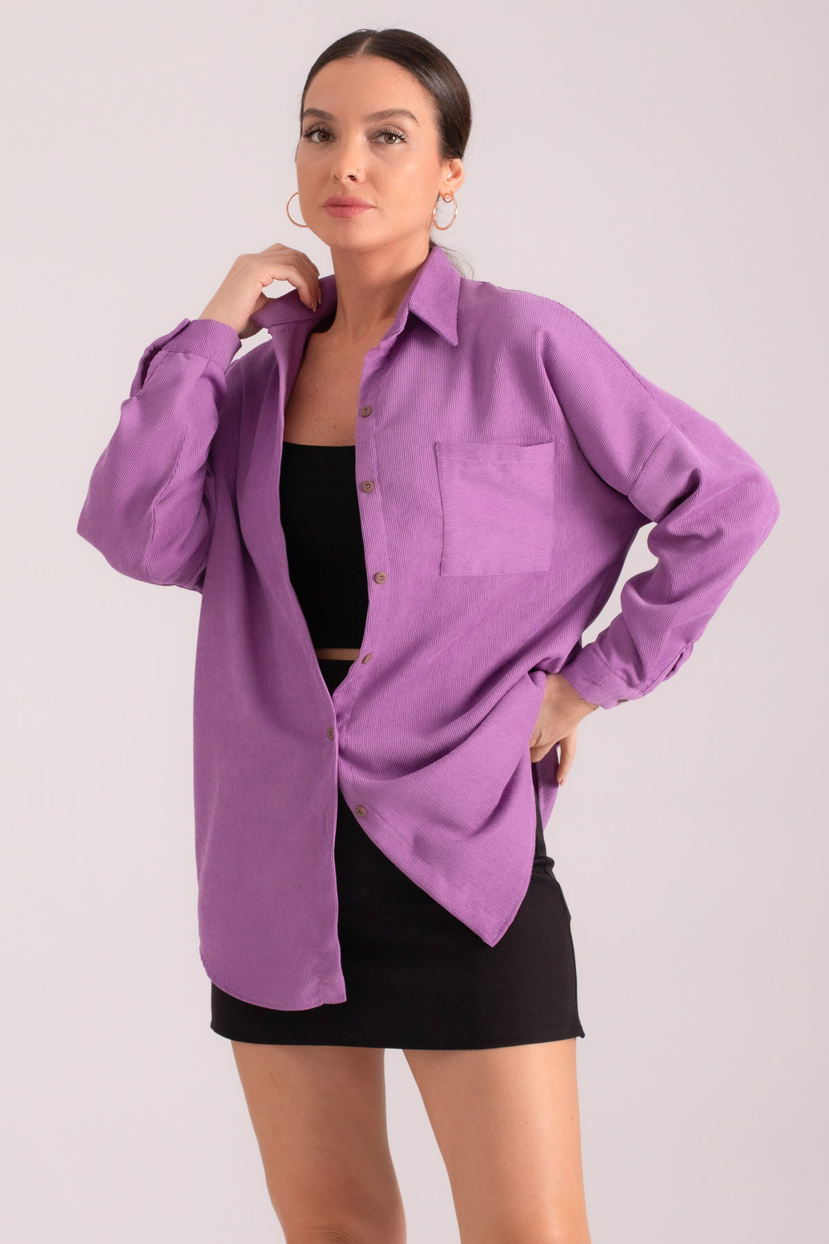 Levně armonika Women's Lilac Pocket Oversize Slim Ribbed Velvet Shirt