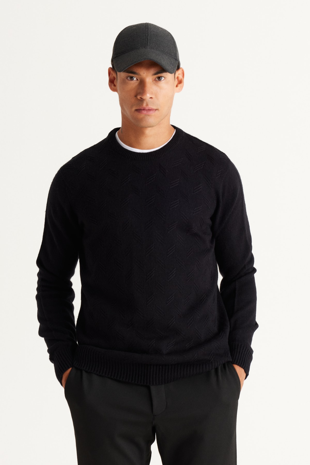 Levně AC&Co / Altınyıldız Classics Men's Black Standard Fit Normal Cut Crew Neck Jacquard Knitwear Sweater.