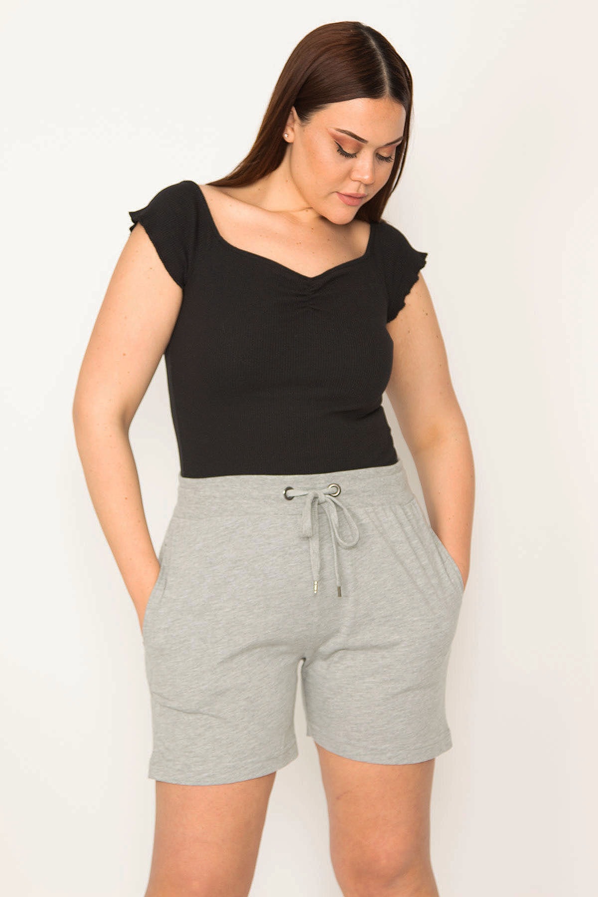 Şans Women's Large Size Gray Cotton Fabric Eyelet Detailed Waist Elastic Pocket Shorts