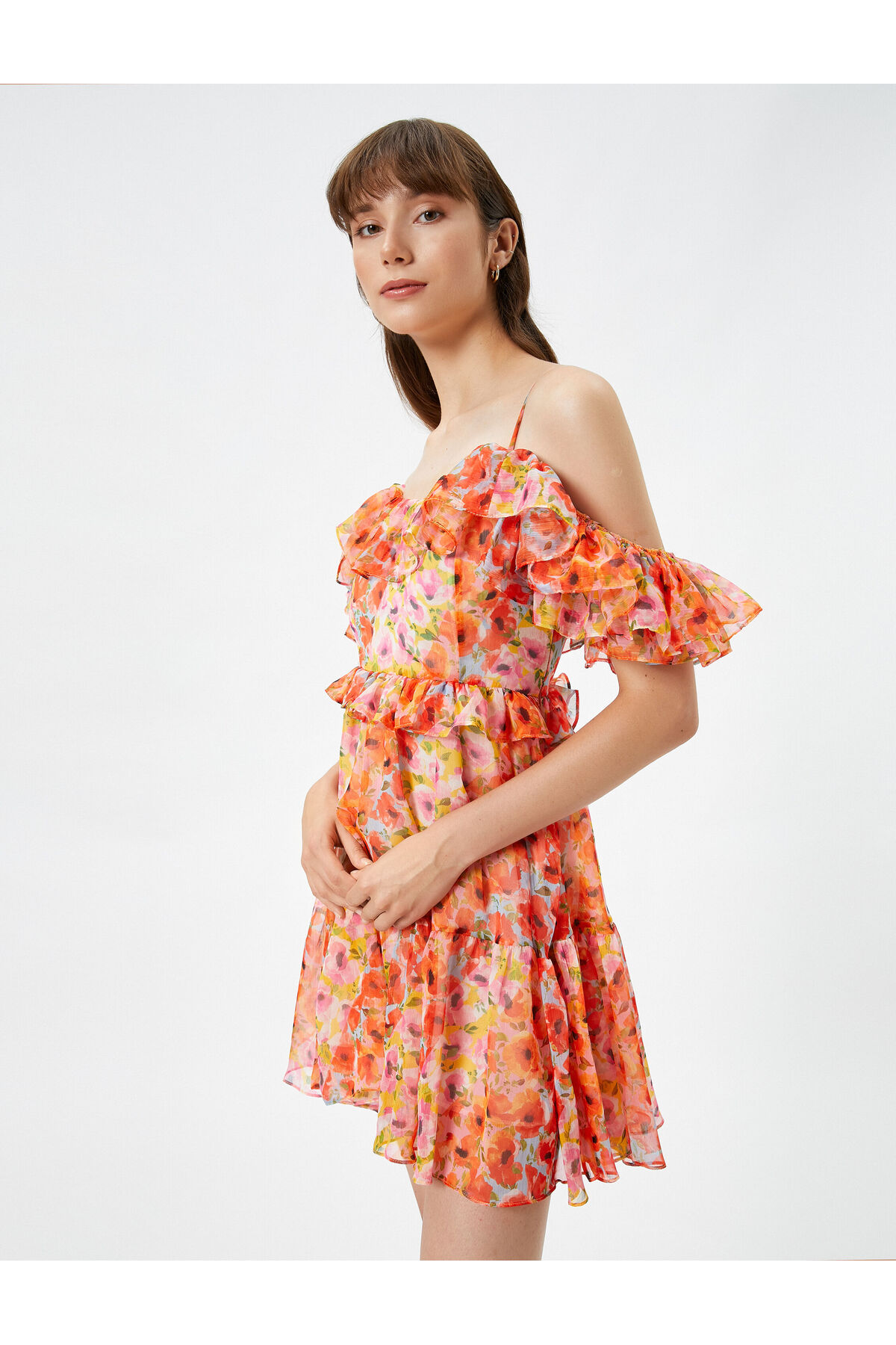 Levně Koton Chiffon Floral Dress Mini Off Shoulders Flounce Lined