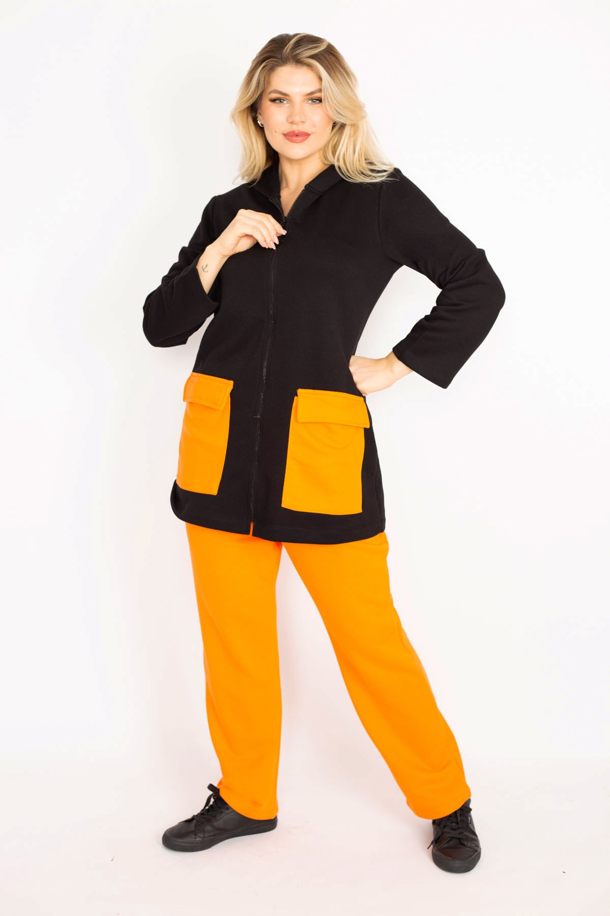 Şans Women's Plus Size Orange Pocket Combined Hoodie, Zipper Front Sweatshirt and Pants Suit