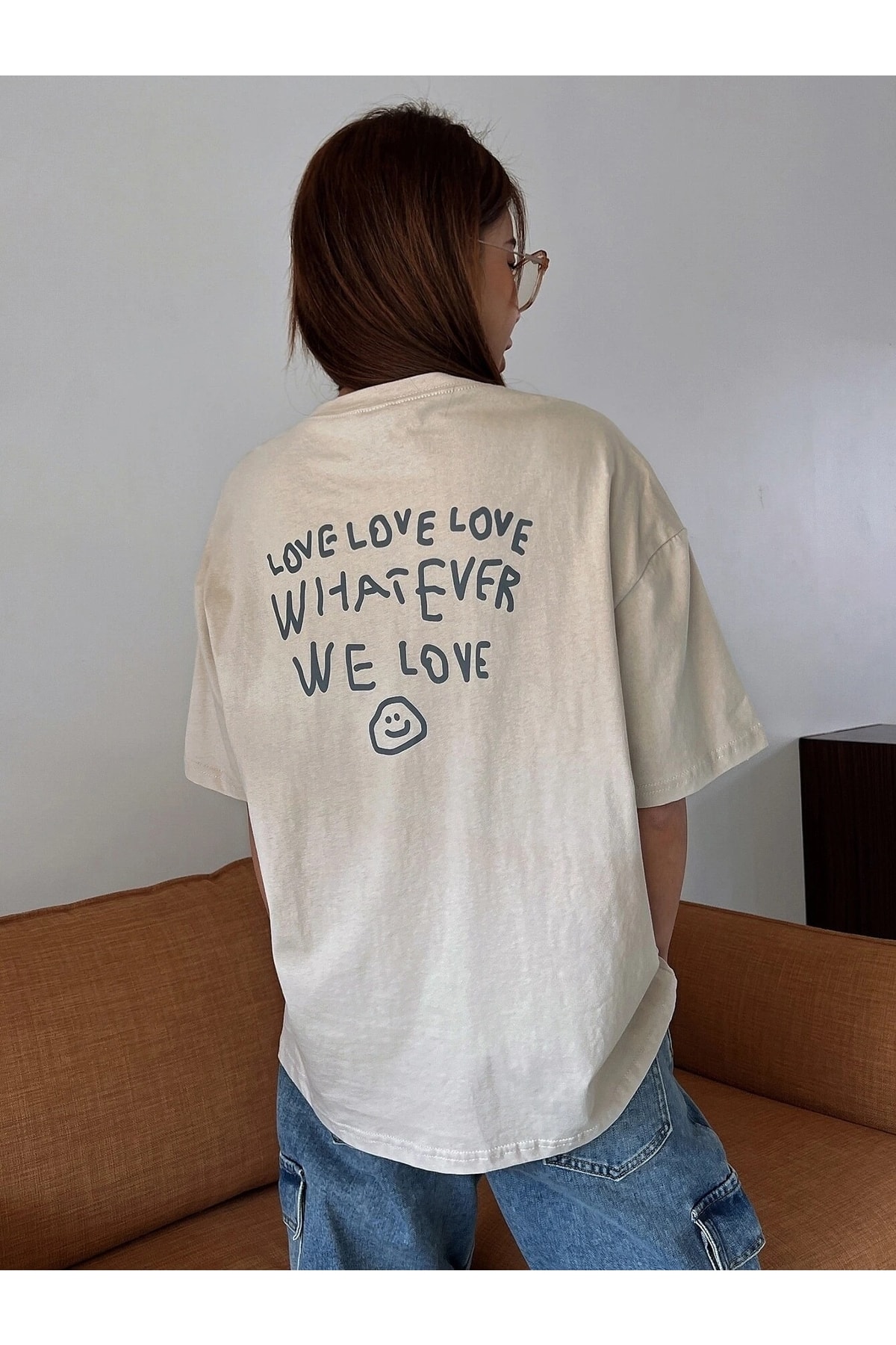 Levně Know Women's Beige Love Love Love Printed Oversize T-shirt