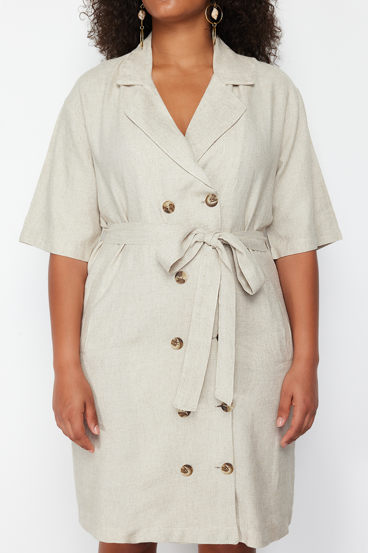 Trendyol Curve Beige Double Breasted Woven Jacket Linen Blend Dress