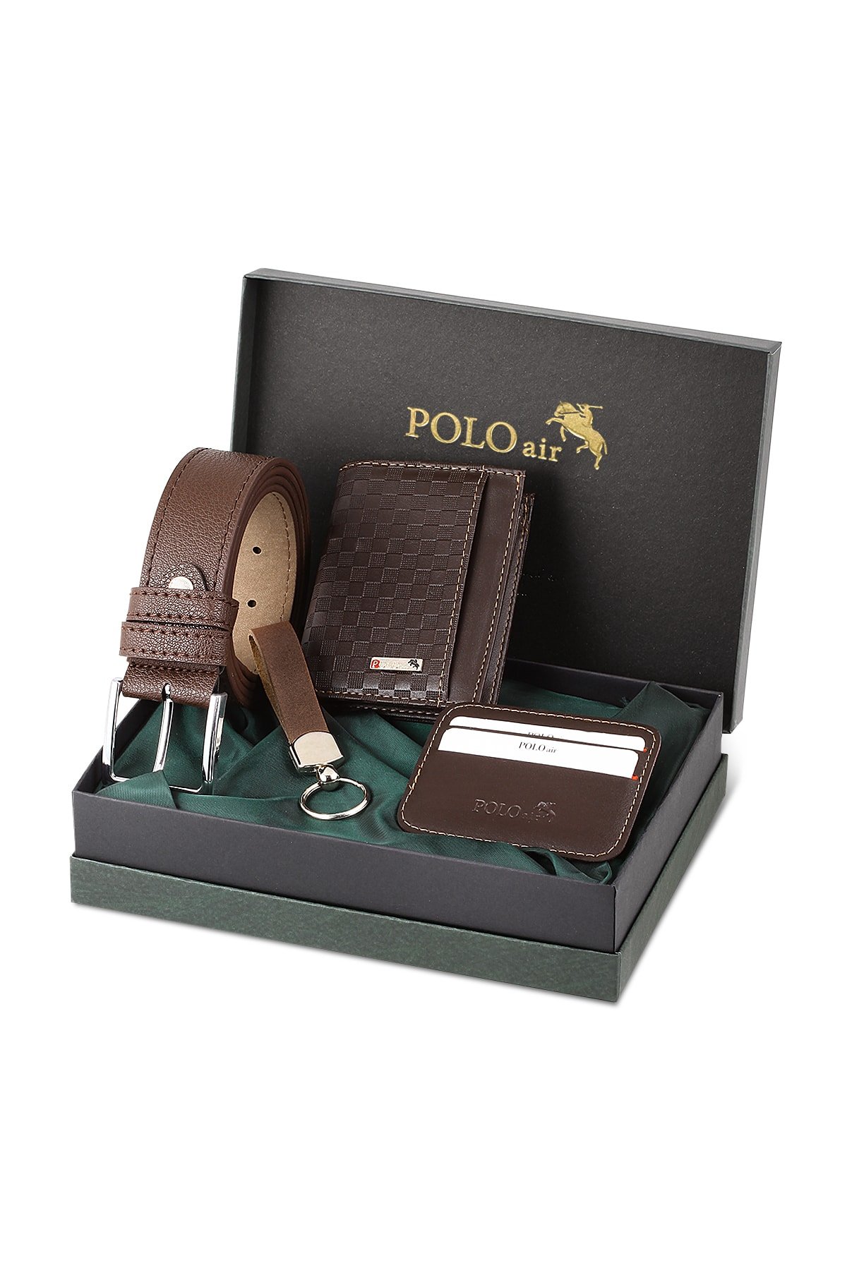 Levně Polo Air Checkerboard Pattern Wallet It Makes It Own Card Holder Belt Keychain Combine Combination Brown Set.