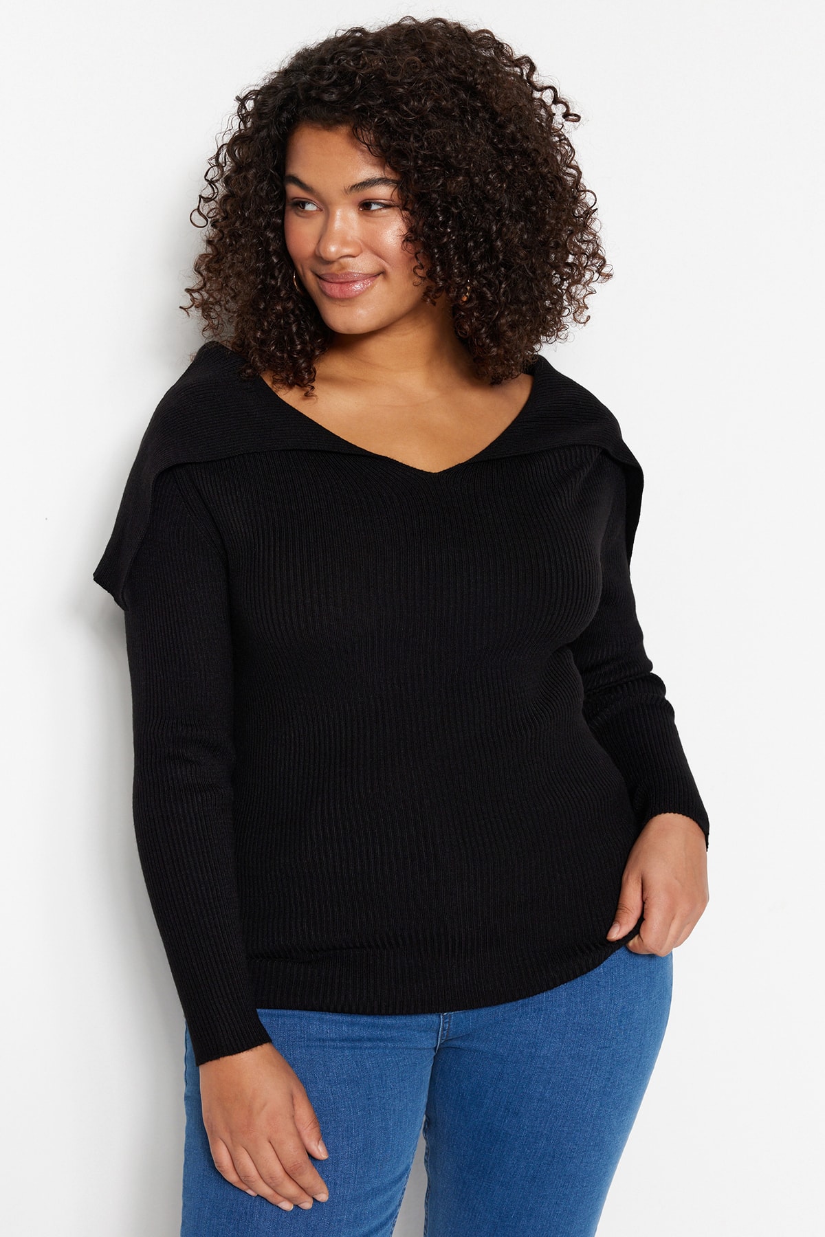 Trendyol Curve Black Carmen Collar Corduroy Slim Knitwear Blouse