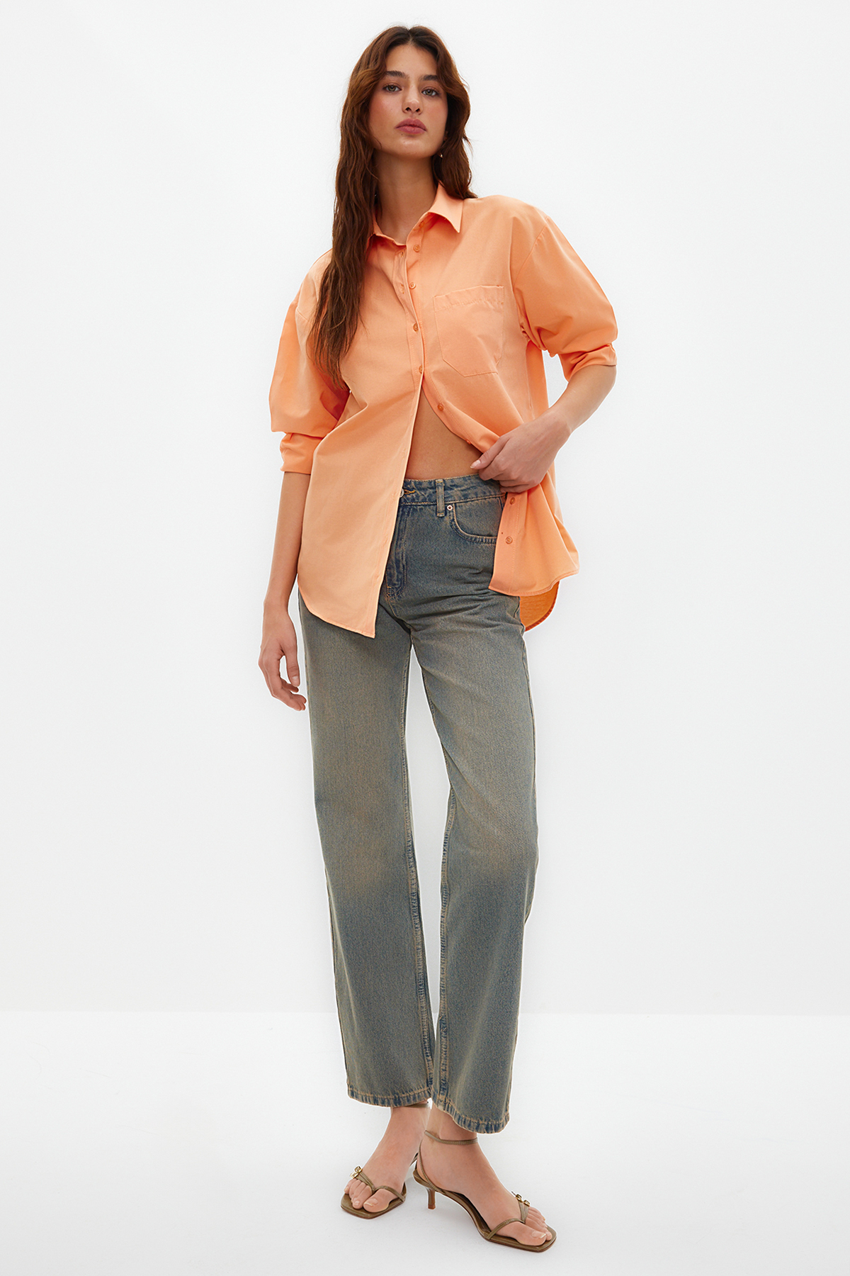 Levně Trendyol Light Orange Single Pocket Boyfriend Woven Cotton Shirt