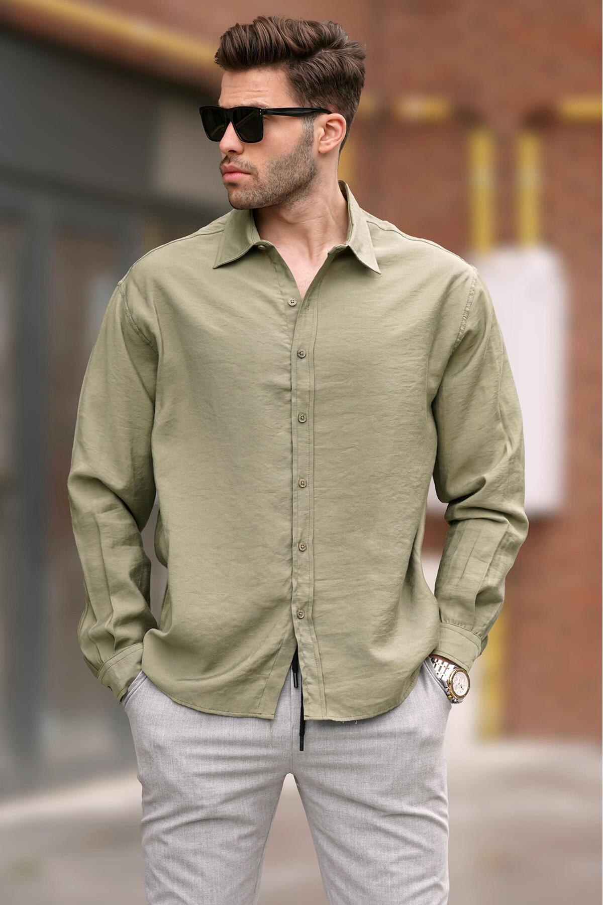 Madmext Khaki Men's Long Sleeve Oversize Shirt 6733