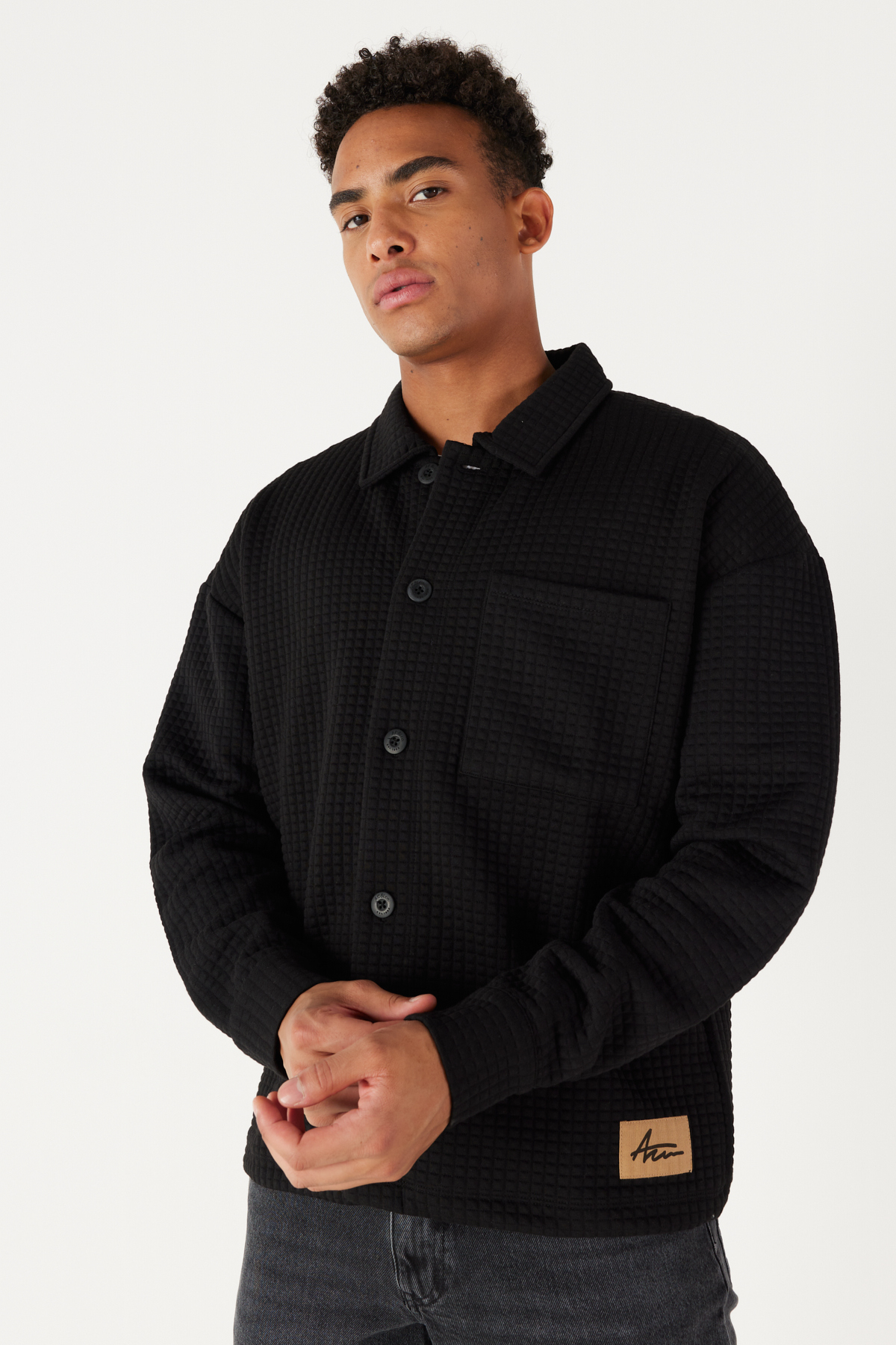 Levně AC&Co / Altınyıldız Classics Men's Black Loose Fit Shirt Collar Patterned Knitted Jacket