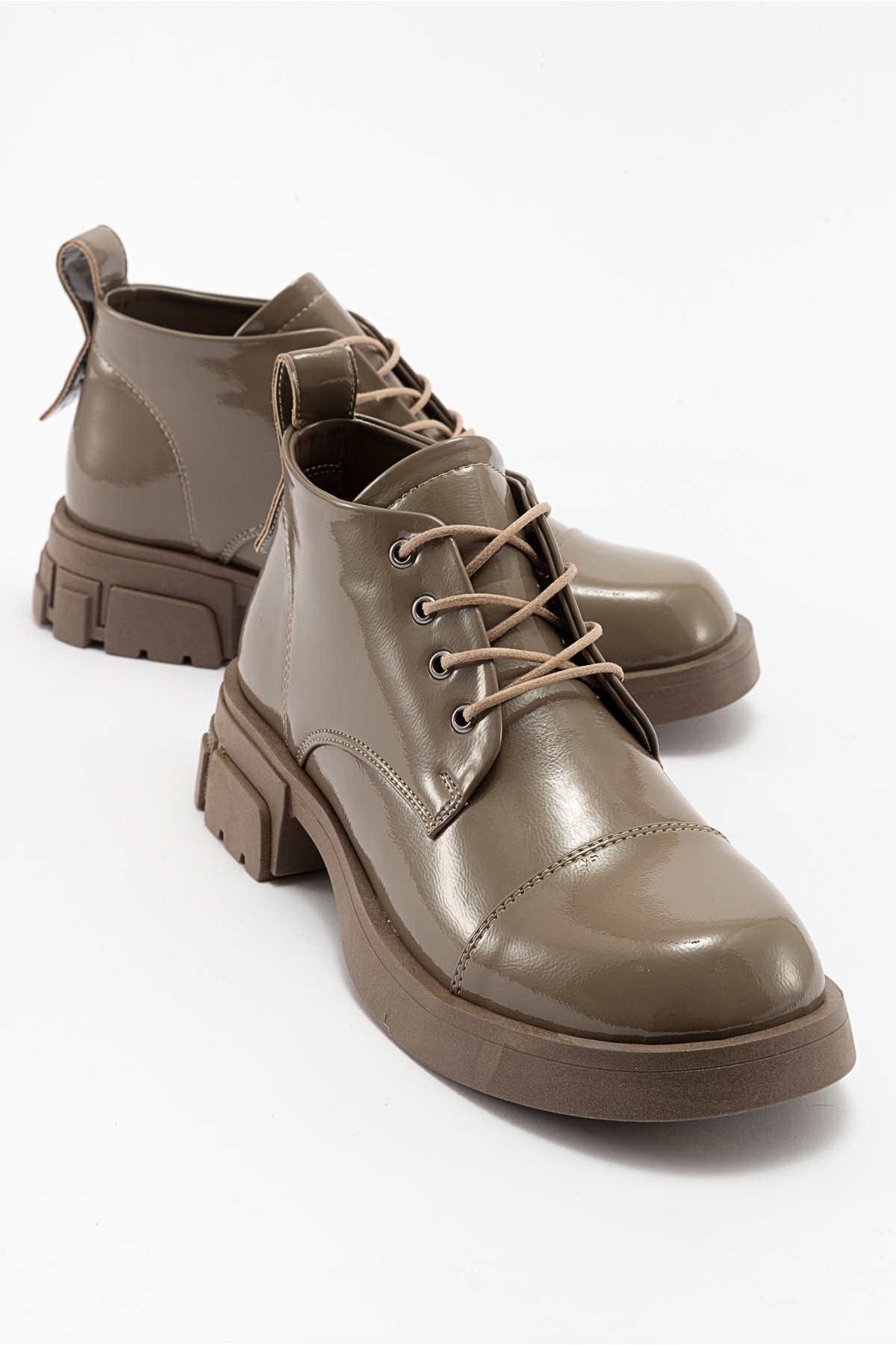 Levně LuviShoes LAGOM Dark Beige Patent Leather Women's Boots