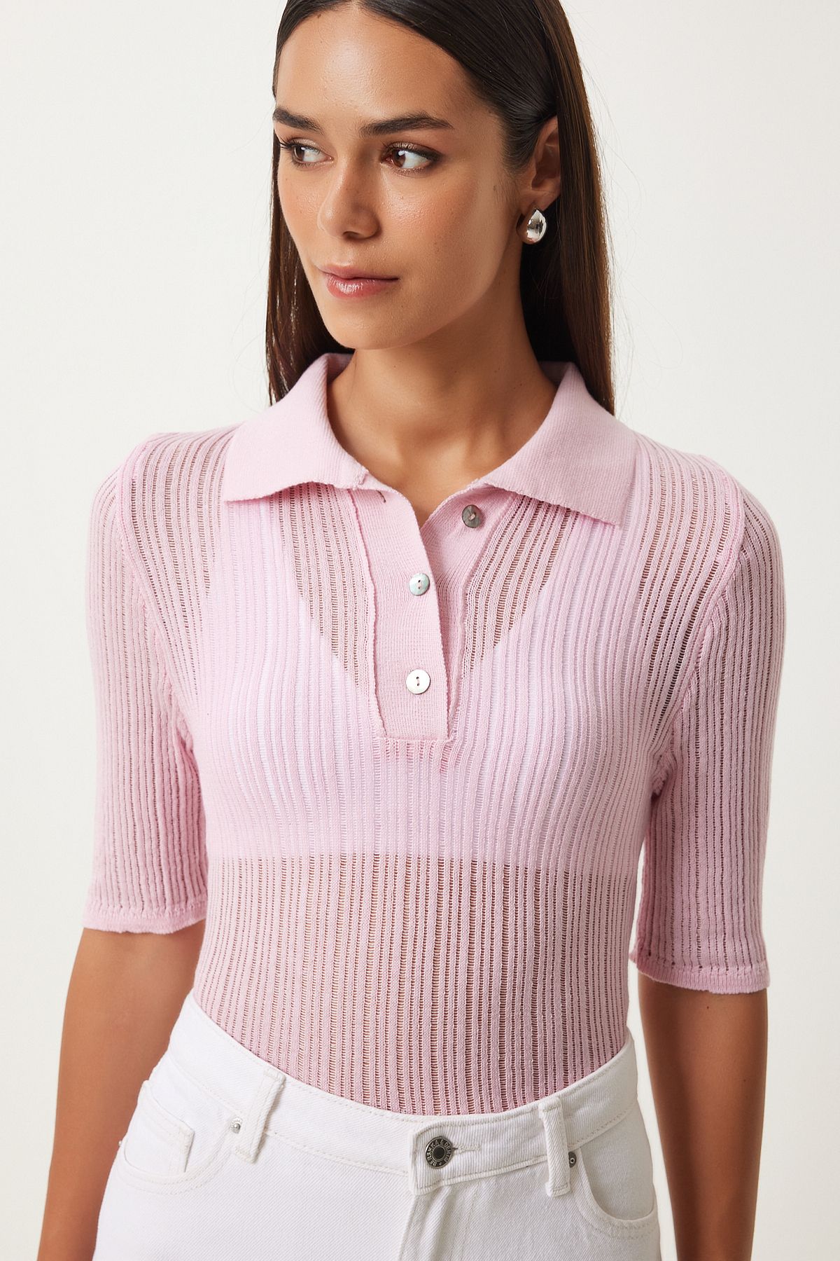 Happiness İstanbul Women's Pink Polo Neck Lightly Transparent Knitwear Blouse