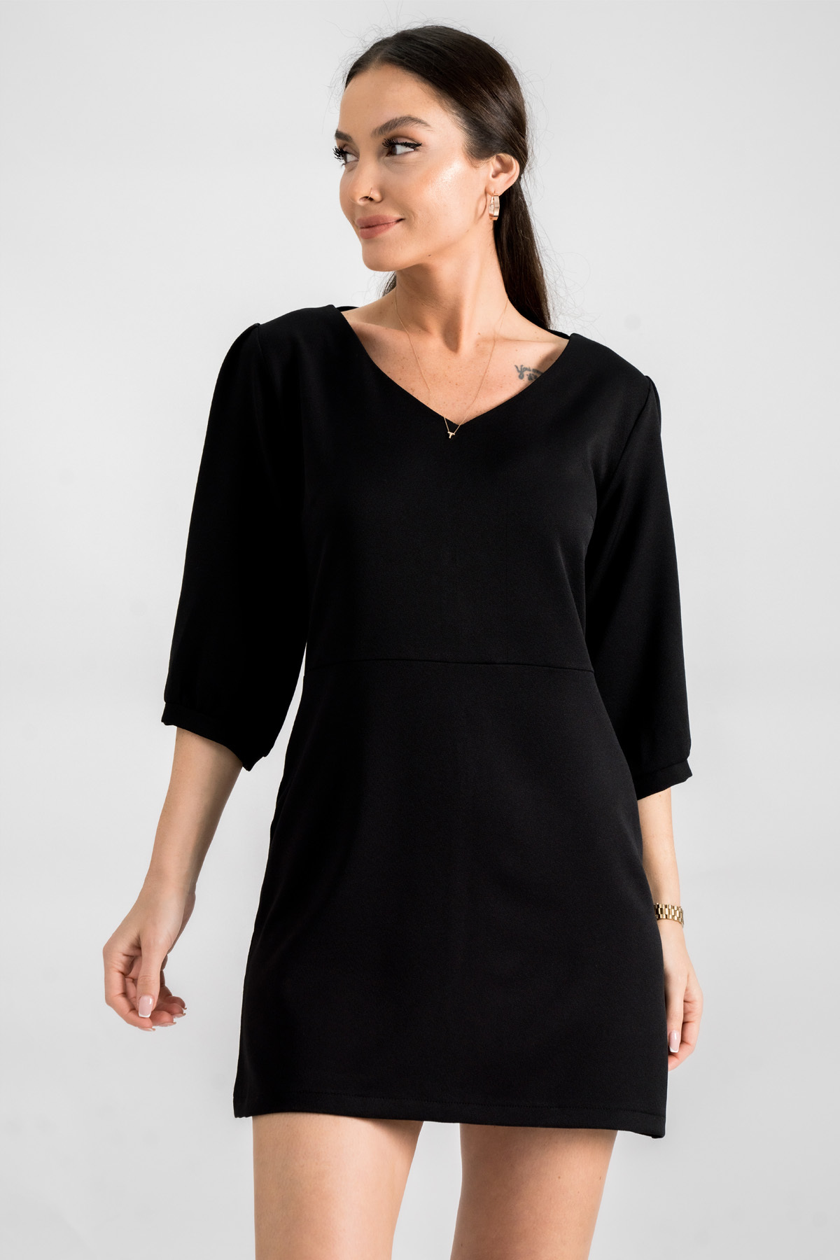 Levně armonika Women's Black Front Back V-Neck Tie Back Detail Mini Dress