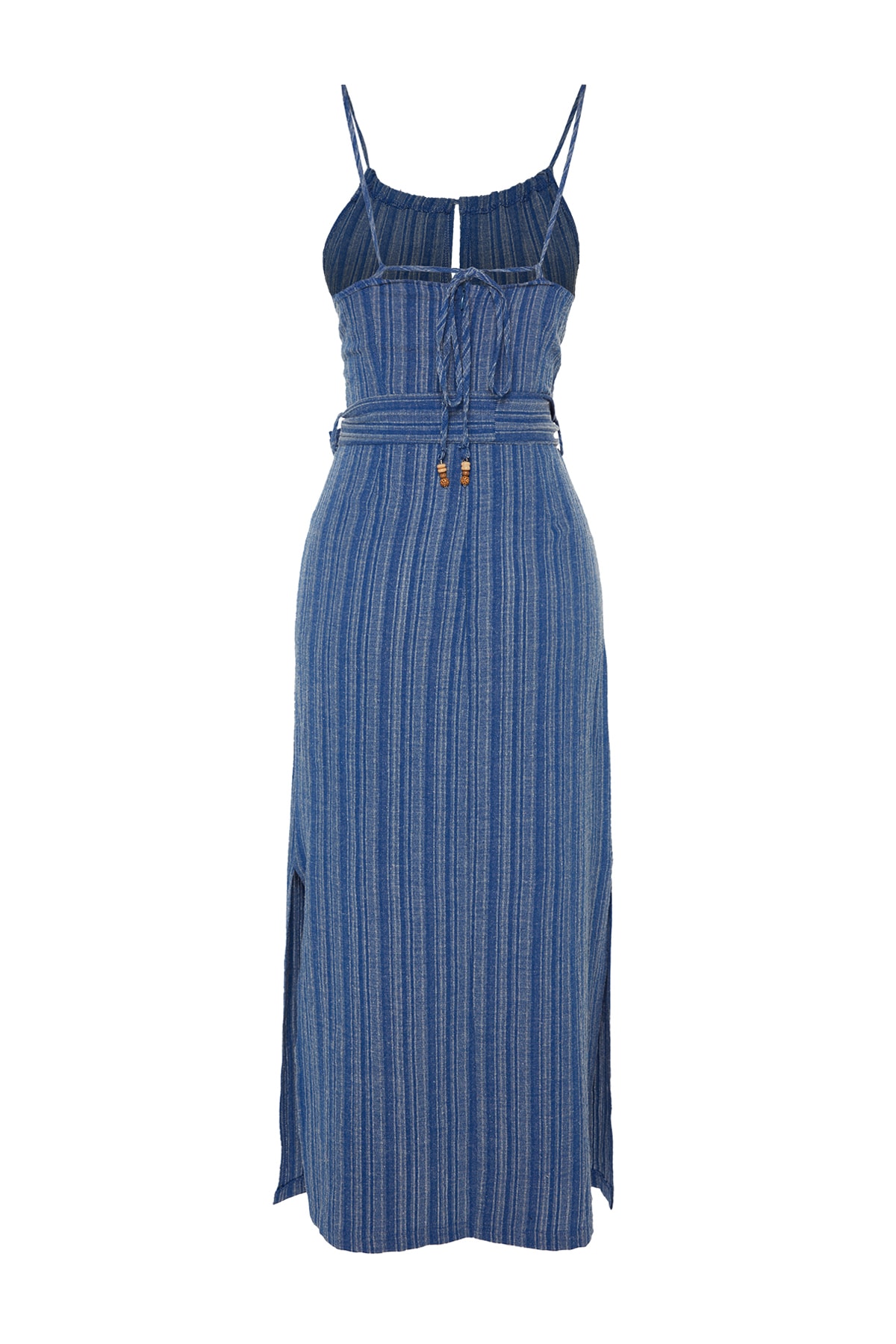 Trendyol Indigo Belted Straight Cut Slit Detailed Midi Woven Dress