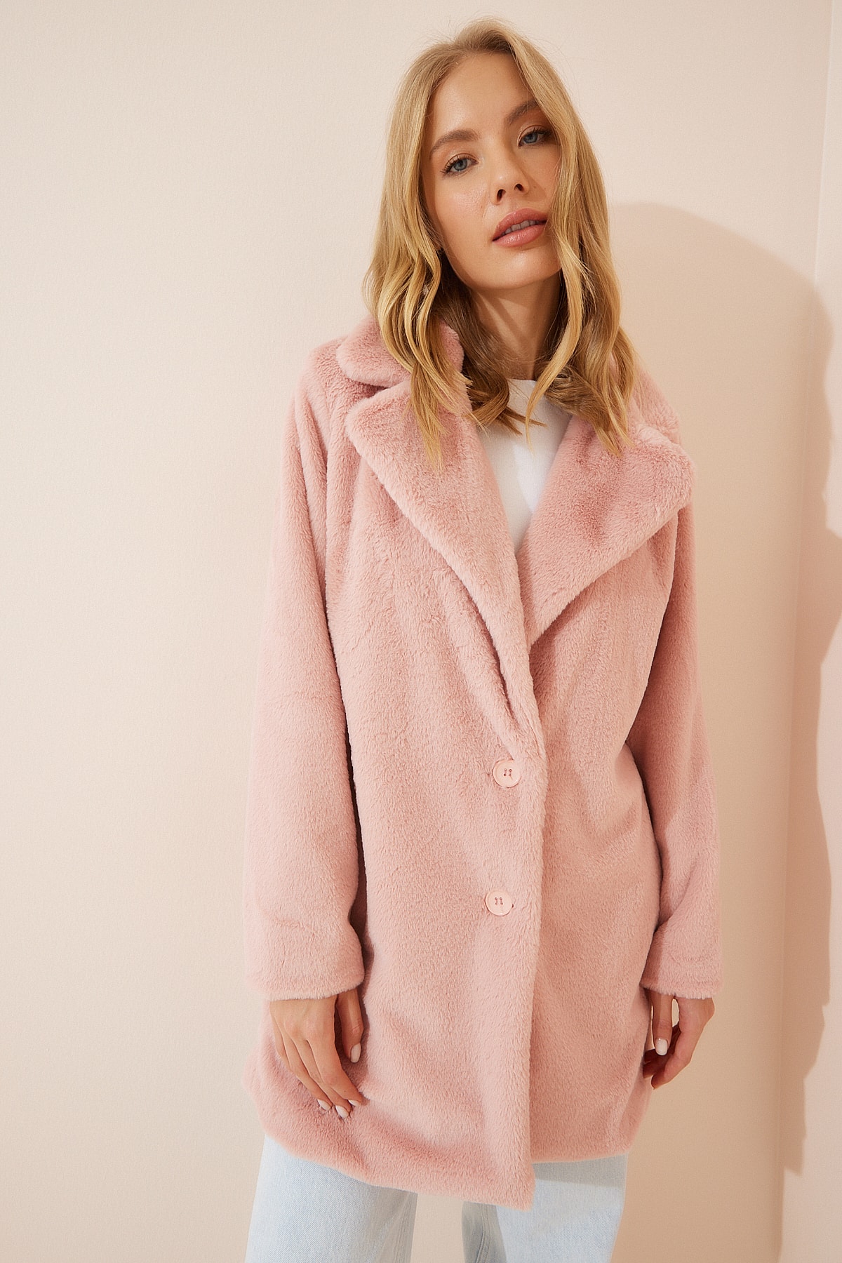 Levně Happiness İstanbul Women's Pink Faux Fur Coat
