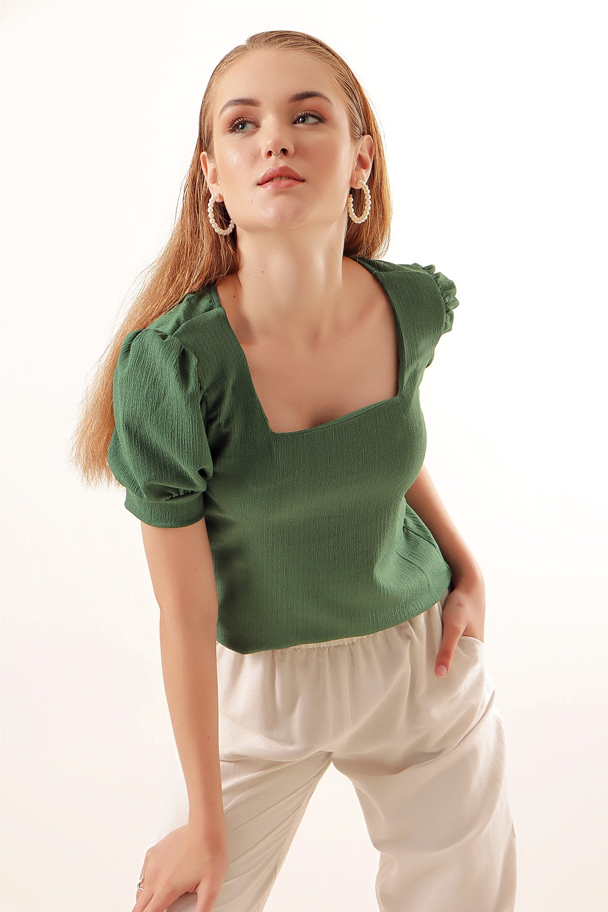 Levně Bigdart 0409 Square Neck Knitted Blouse - Emerald