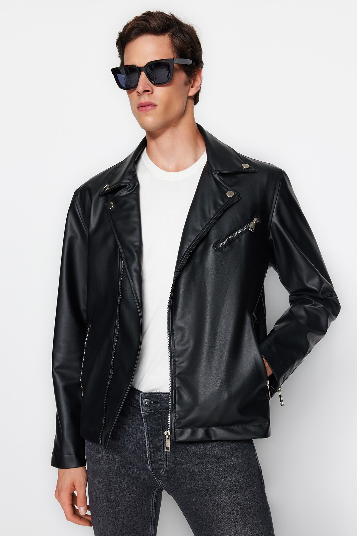 Trendyol Men's Black Regular Fit PU Biker Jacket Coat