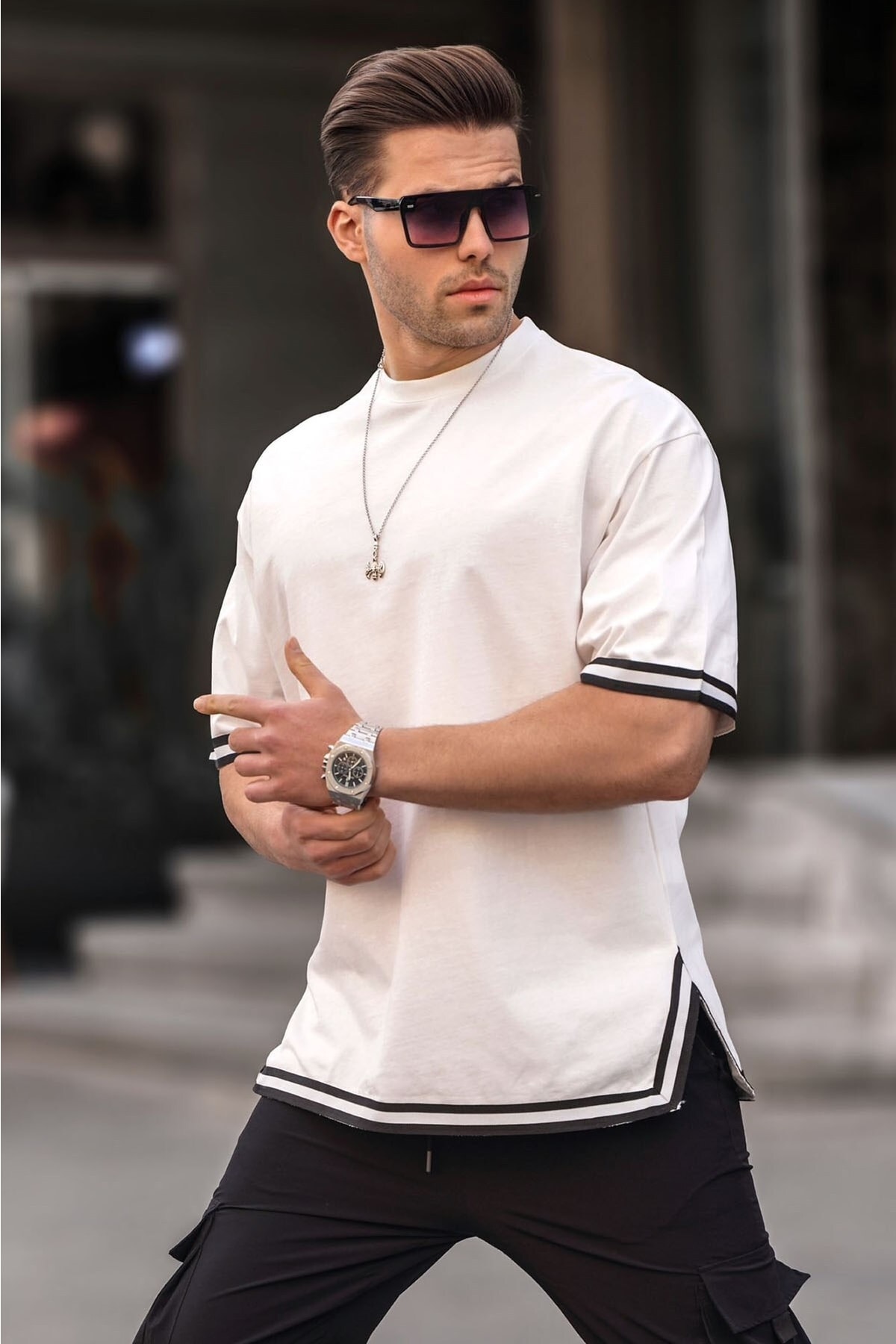 Madmext Ecru Crew Neck Striped T-Shirt 6097