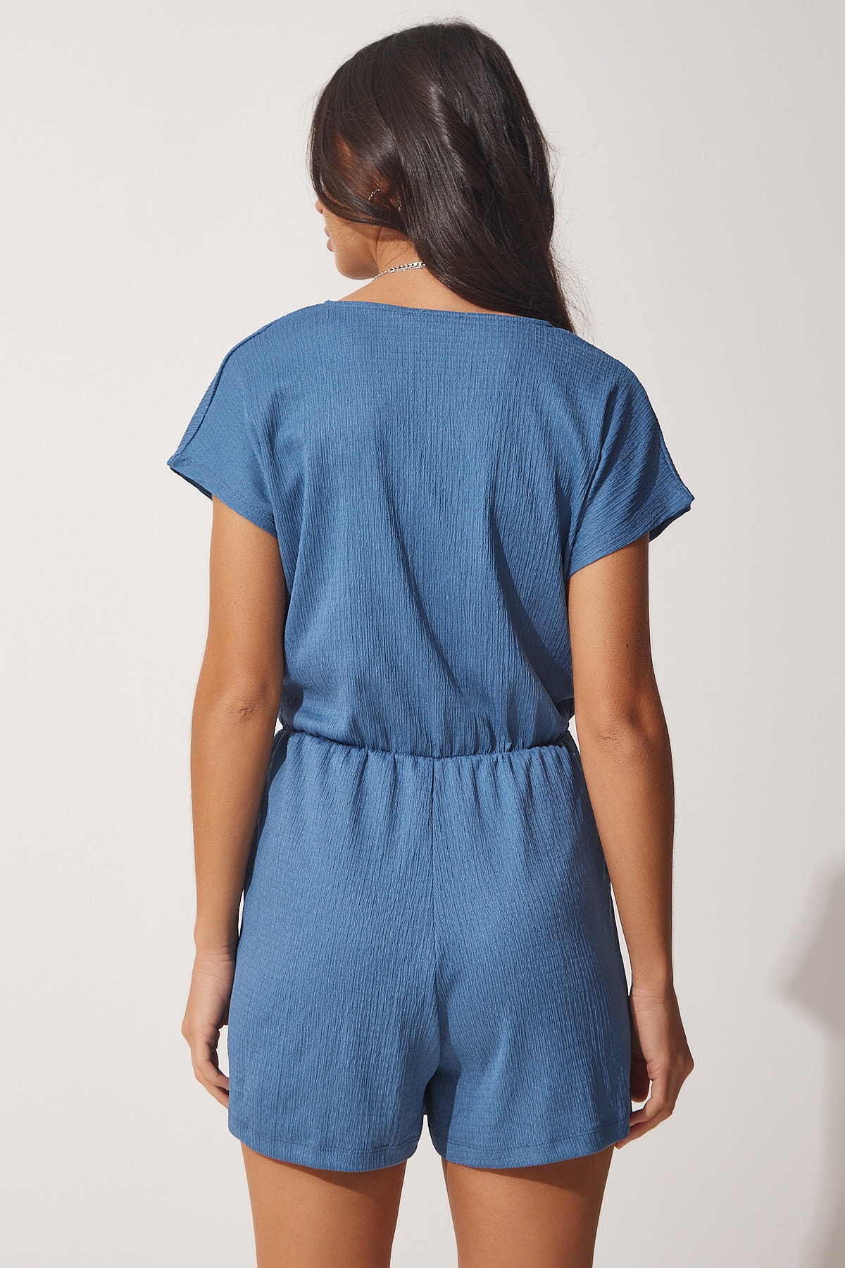 Happiness İstanbul Women's Indigo Blue Wrapped Collar Short Knitted Jumpsuit with Shorts