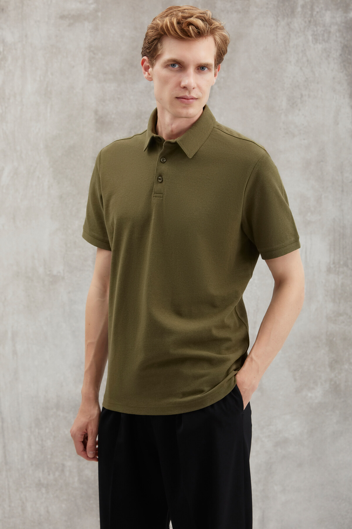 Levně GRIMELANGE Eddie Men's Slim Fit 100% Cotton Khaki Polo Neck T-shirt