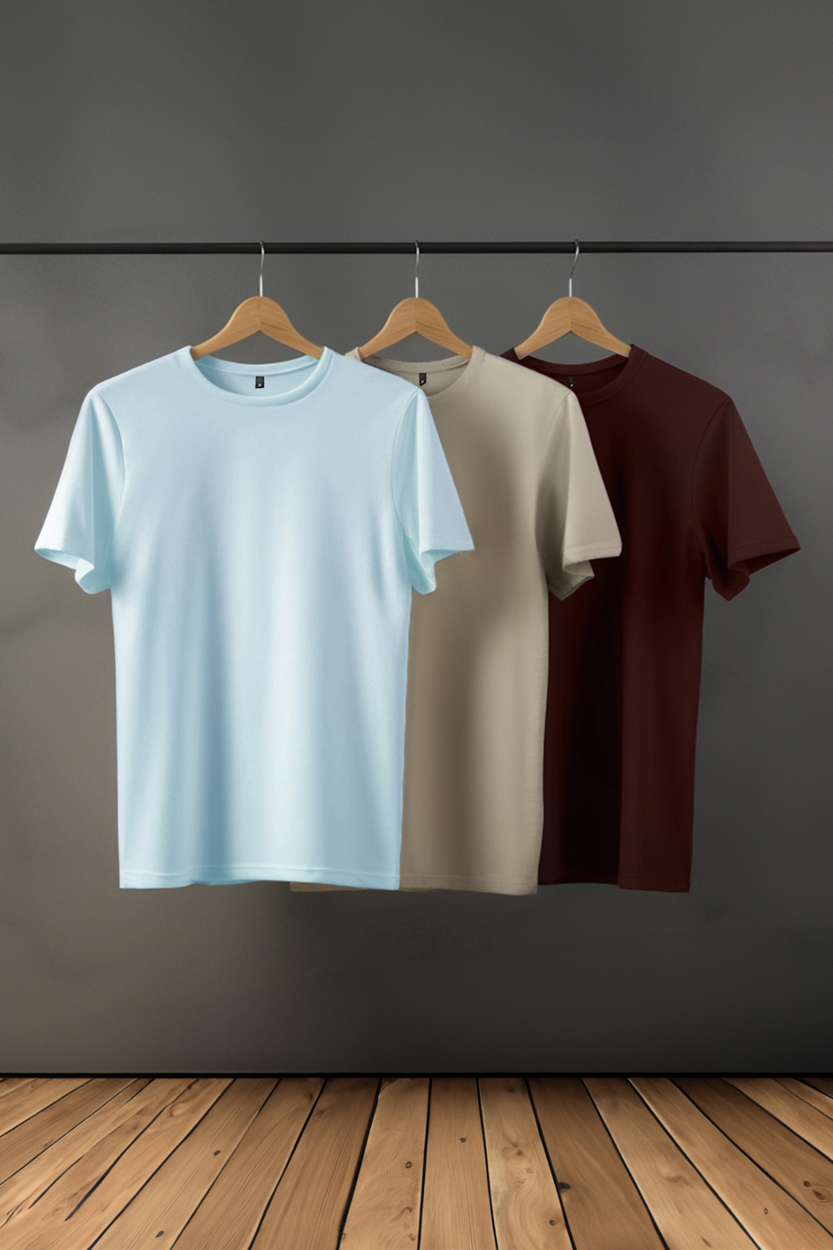 Levně Trendyol Dark Brown-Stone-Light Blue Basic Slim Fit 100% Cotton 3-Pack T-Shirt