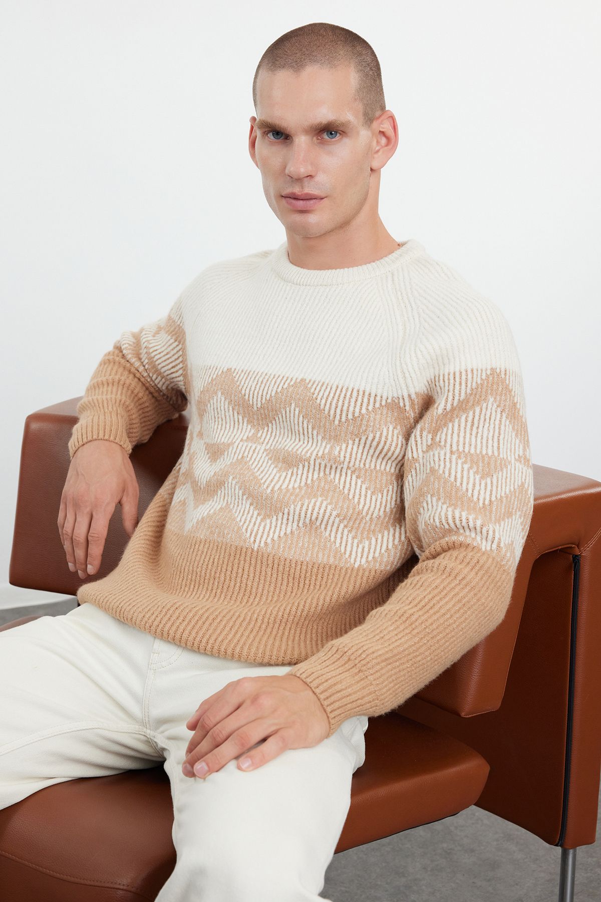 Trendyol Camel Regular Crew Neck Ethnic Knitwear Sweater