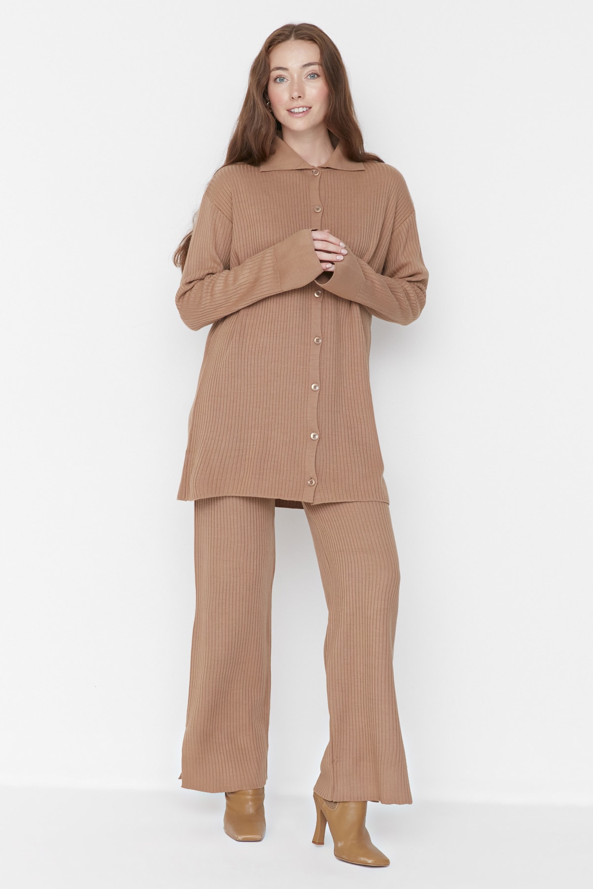 Trendyol Camel Slit Detailed Cardigan-Pants Knitwear Suit