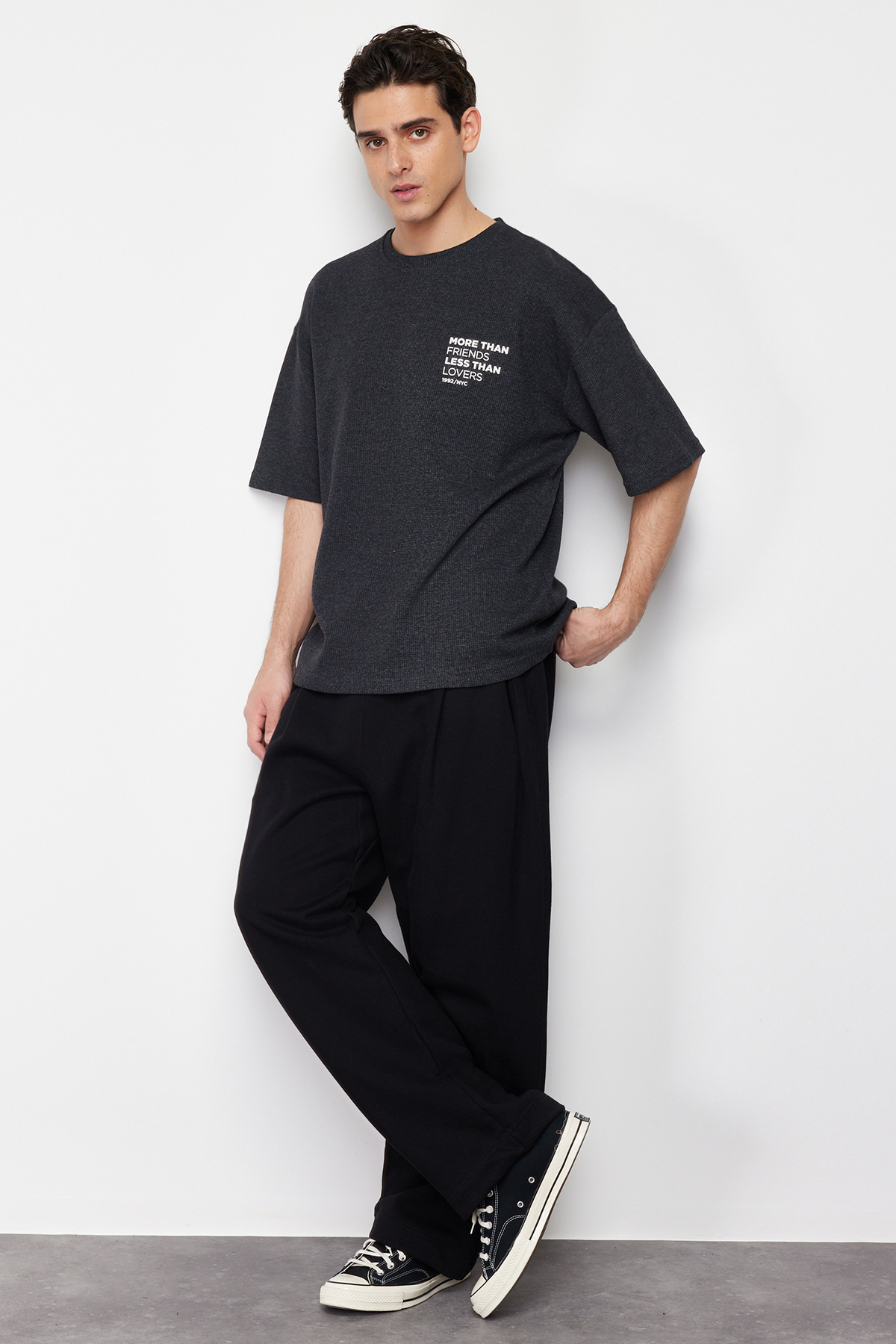 Trendyol Anthracite Oversize/Wide Cut Raised Text Printed Textured Waffle T-Shirt