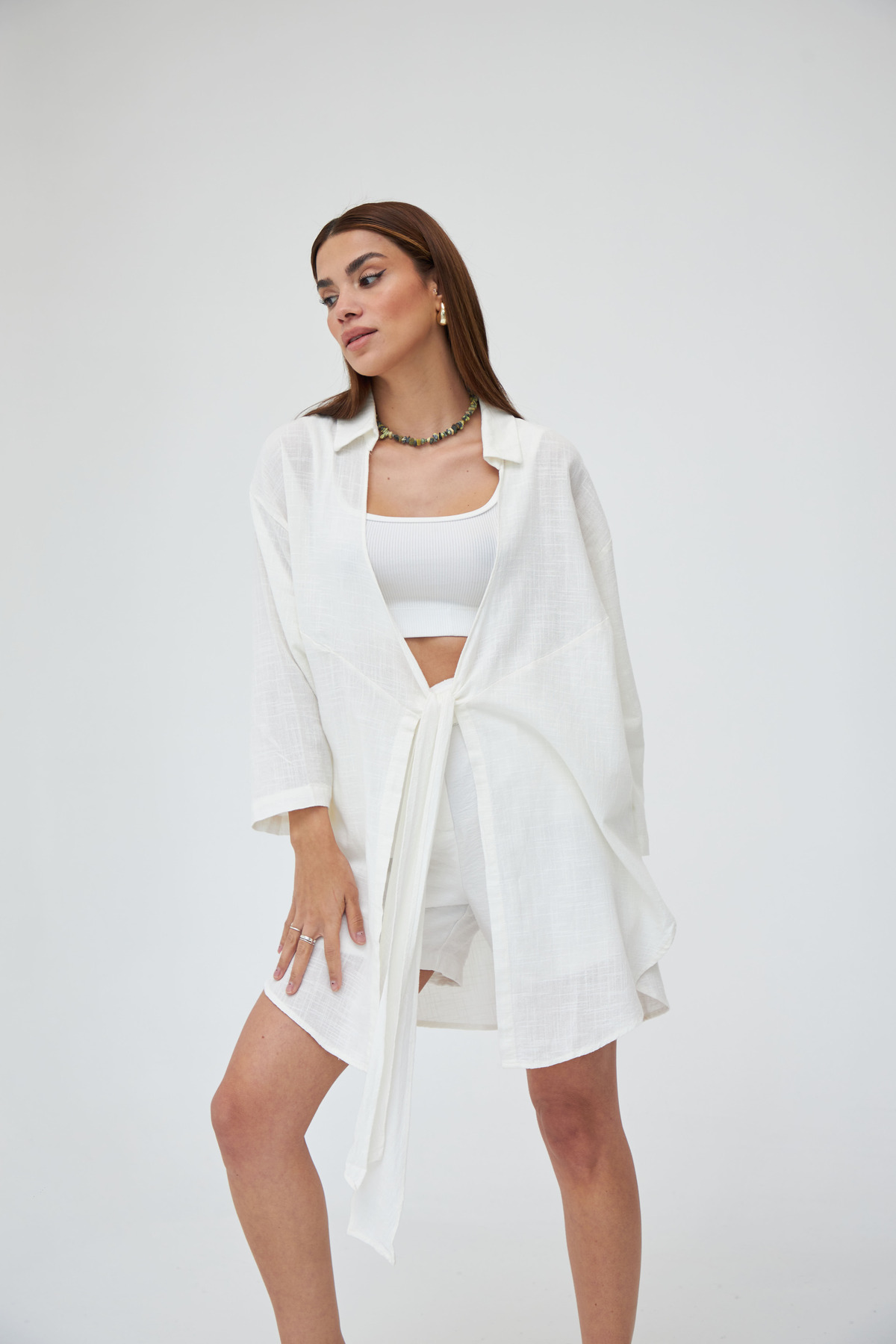 Laluvia Off White Flam Linen Kimono Shirt