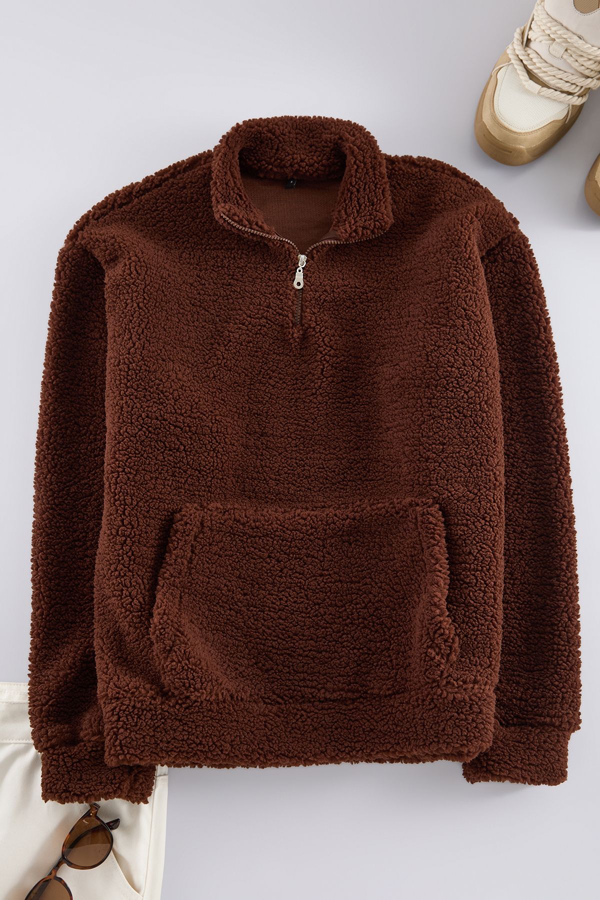 Trendyol Dark Brown Oversize/Wide Cut Plush Sweatshirt